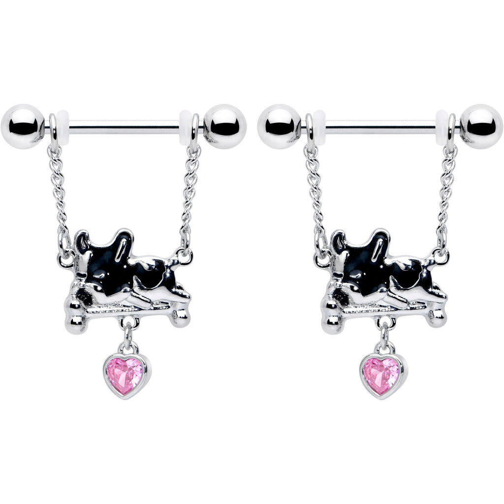 BodyCandy 14G 9/16 Pink Gem Sleepy French Bulldog Chain Dangle Nipple Ring Set — detail close-up