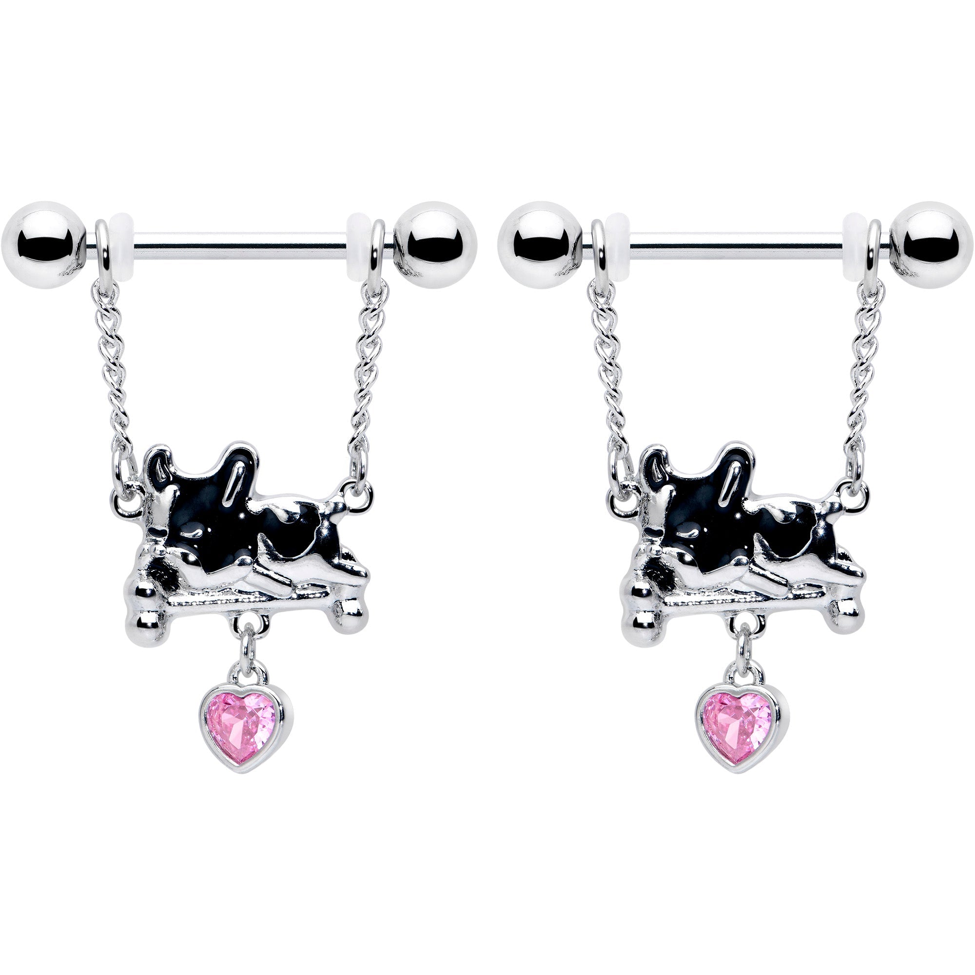 BodyCandy 14G 9/16 Pink Gem Sleepy French Bulldog Chain Dangle Nipple Ring Set — detail close-up
