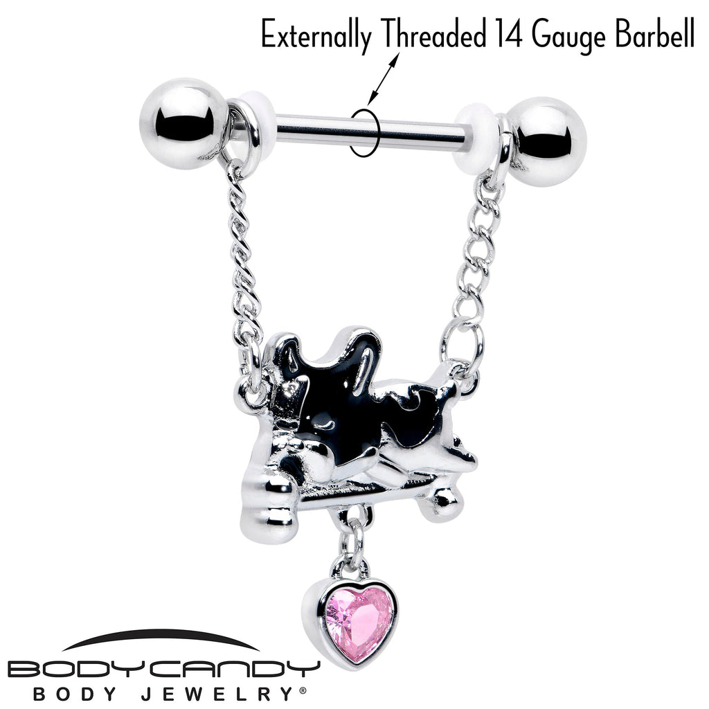 BodyCandy 14G 9/16 Pink Gem Sleepy French Bulldog Chain Dangle Nipple Ring Set — lifestyle context