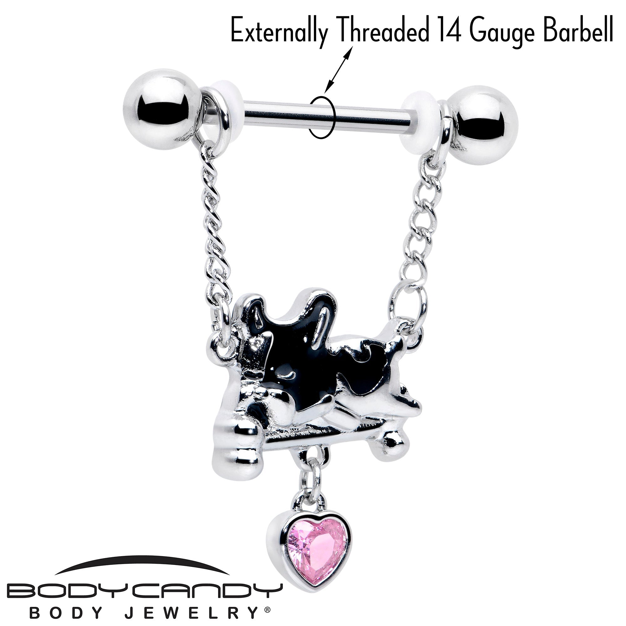 BodyCandy 14G 9/16 Pink Gem Sleepy French Bulldog Chain Dangle Nipple Ring Set — lifestyle context