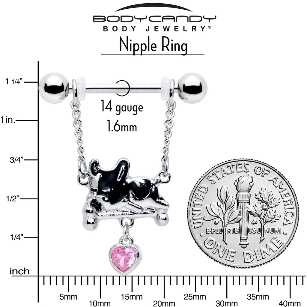 BodyCandy 14G 9/16 Pink Gem Sleepy French Bulldog Chain Dangle Nipple Ring Set — side view