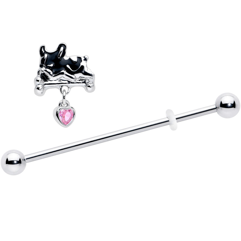 BodyCandy 14G Pink Gem Sleepy French Bulldog Dangle Industrial Barbell 38mm — detail close-up