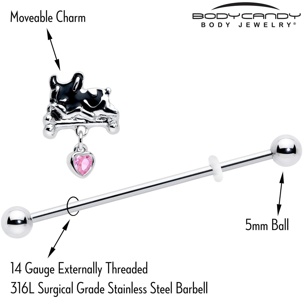 BodyCandy 14G Pink Gem Sleepy French Bulldog Dangle Industrial Barbell 38mm — side view