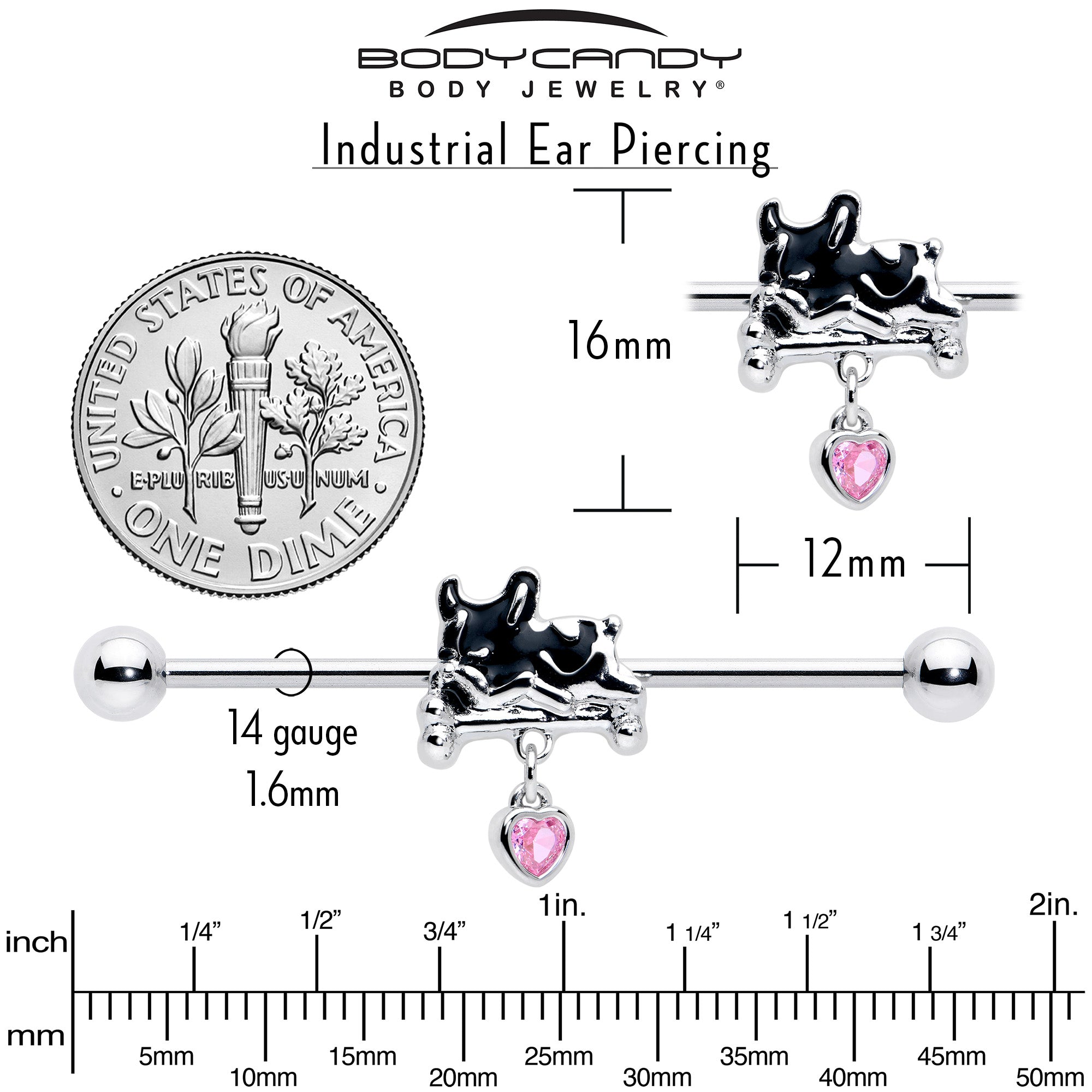 BodyCandy 14G Pink Gem Sleepy French Bulldog Dangle Industrial Barbell 38mm — back view