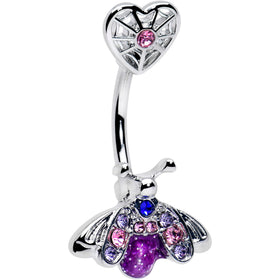 Pink Purple Gem Spiderweb Heart Love Insect Double Mount Belly Ring