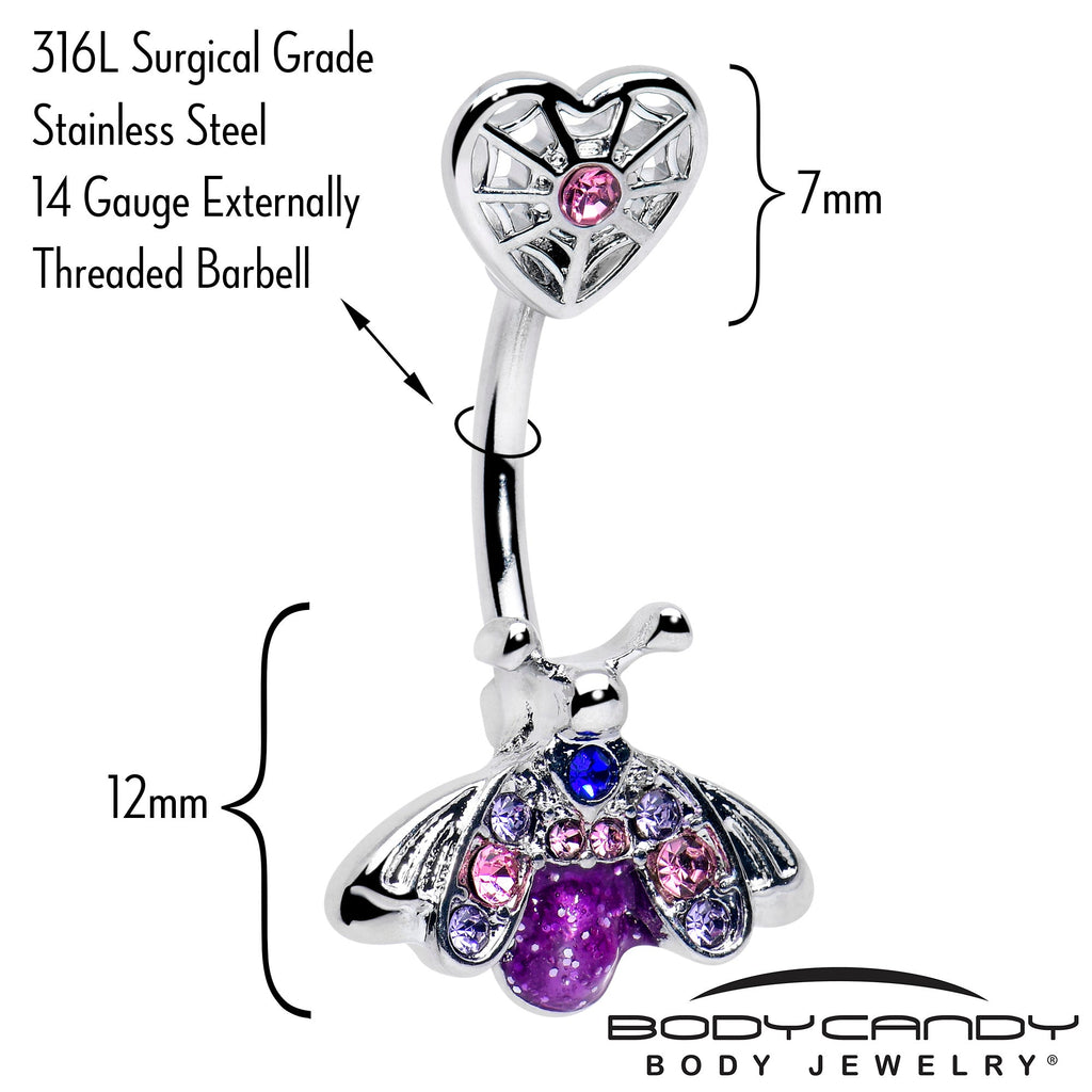 BodyCandy Pink Purple Gem Spiderweb Heart Love Insect Double Mount Belly Ring — detail close-up