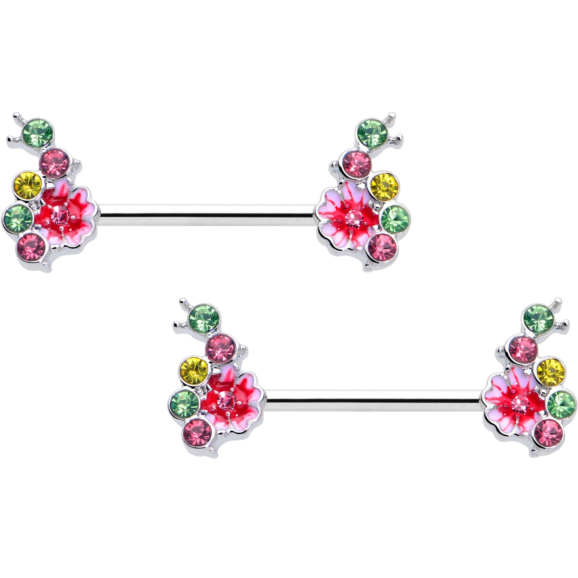 BodyCandy 14G 9/16 Green Pink Gem Caterpillar Flower Barbell Nipple Ring Set — main product shot