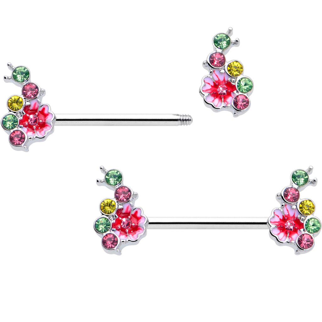 BodyCandy 14G 9/16 Green Pink Gem Caterpillar Flower Barbell Nipple Ring Set — detail close-up