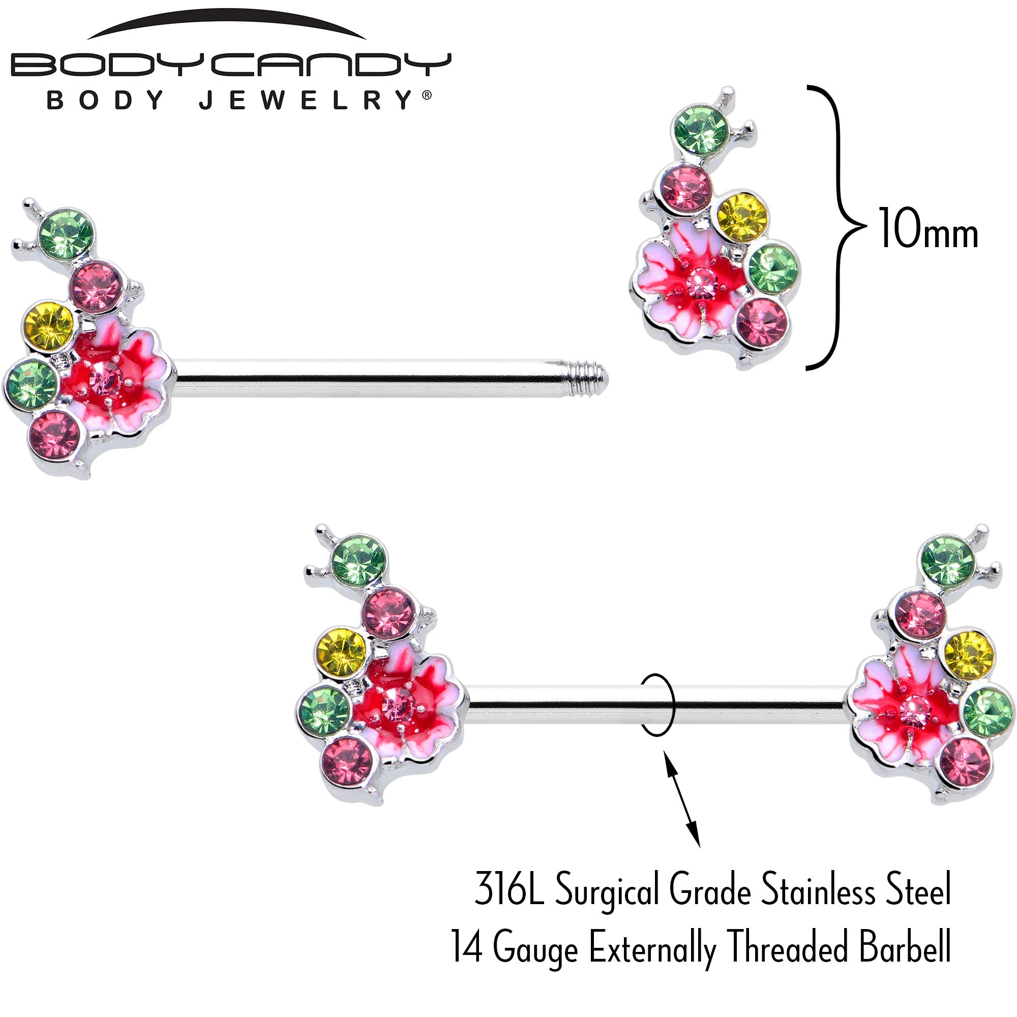 BodyCandy 14G 9/16 Green Pink Gem Caterpillar Flower Barbell Nipple Ring Set — lifestyle context