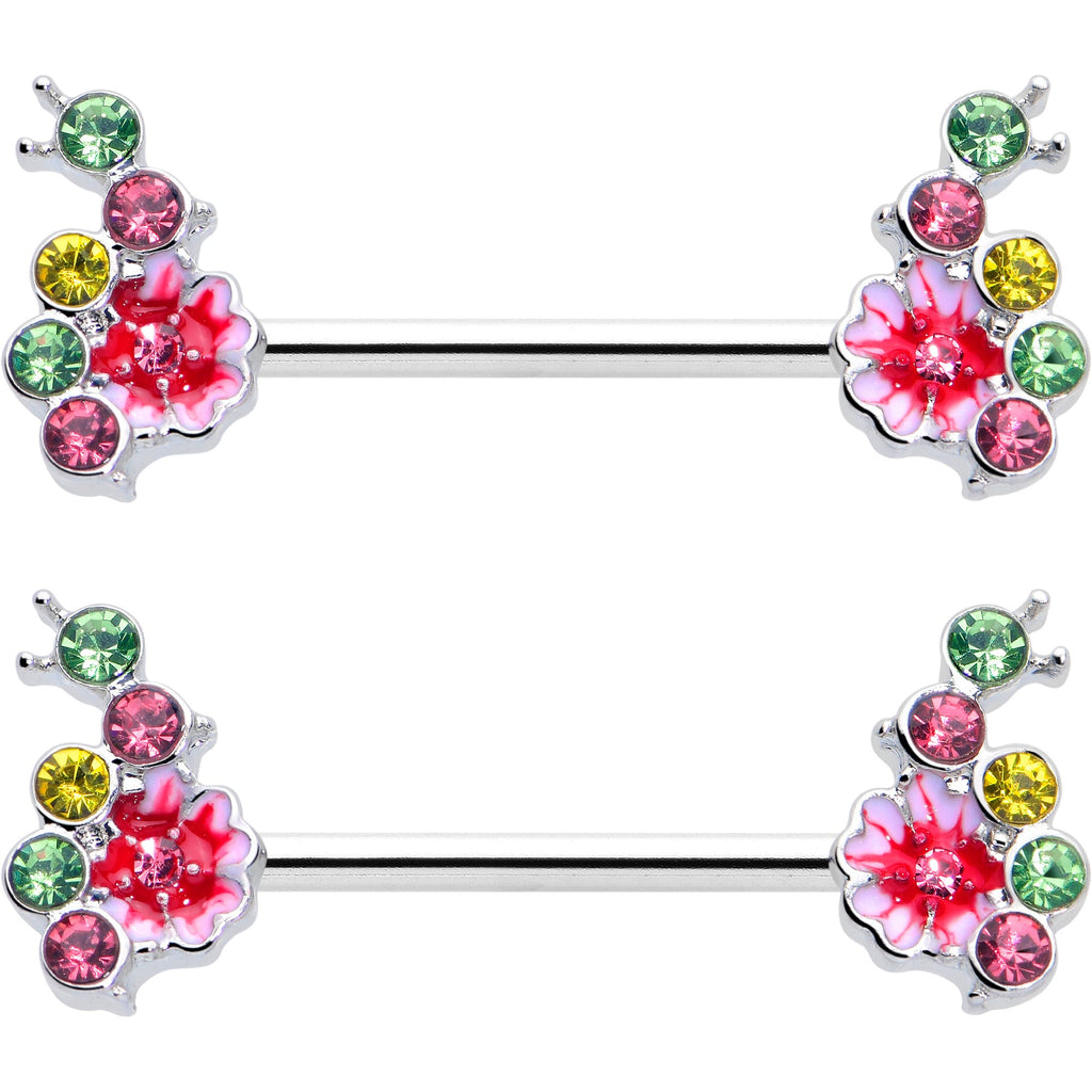 BodyCandy 14G 9/16 Green Pink Gem Caterpillar Flower Barbell Nipple Ring Set — side view