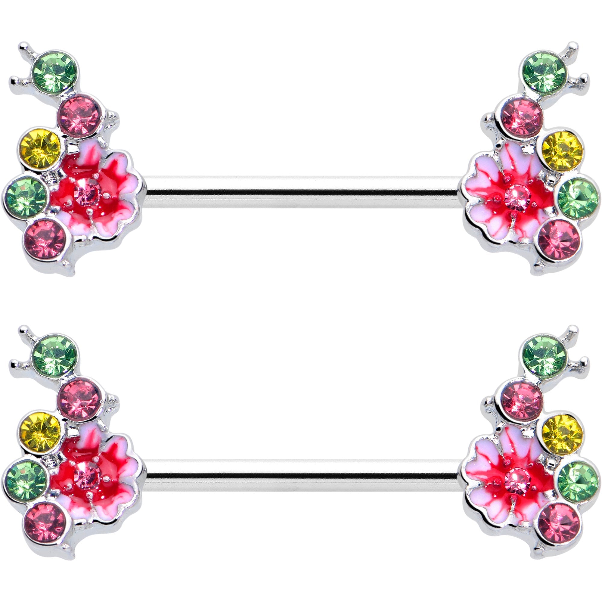 BodyCandy 14G 9/16 Green Pink Gem Caterpillar Flower Barbell Nipple Ring Set — side view