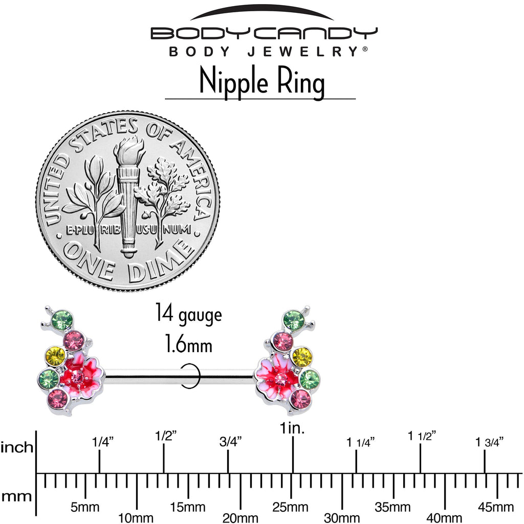 BodyCandy 14G 9/16 Green Pink Gem Caterpillar Flower Barbell Nipple Ring Set — back view