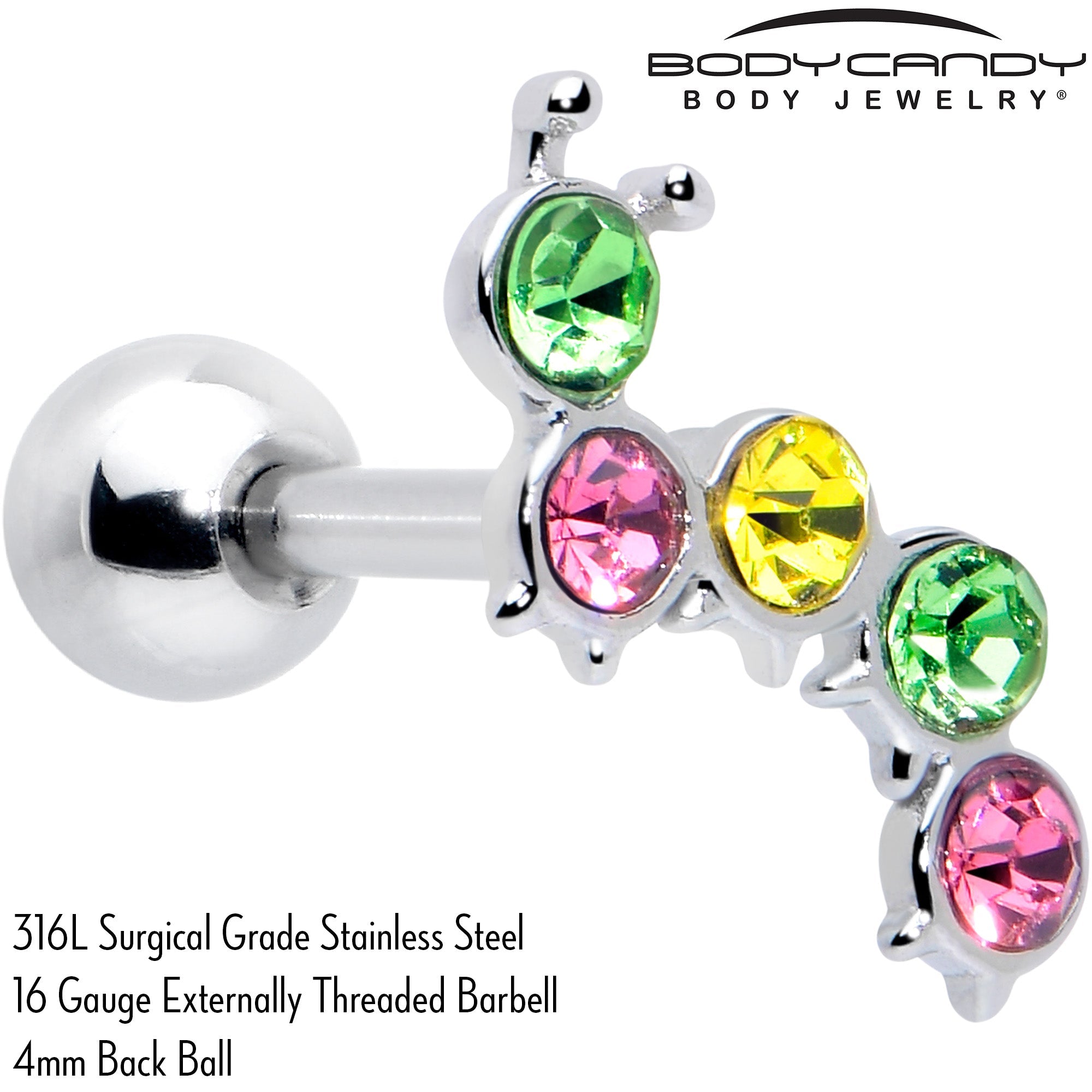 BodyCandy 16G 1/4 Pink Green Gem Caterpillar Cartilage Tragus Earring — detail close-up
