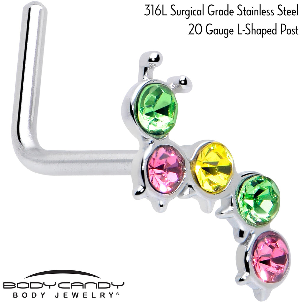 BodyCandy 20G 7mm Pink Green CZ Gem Caterpillar L Shape Nose Ring — detail close-up