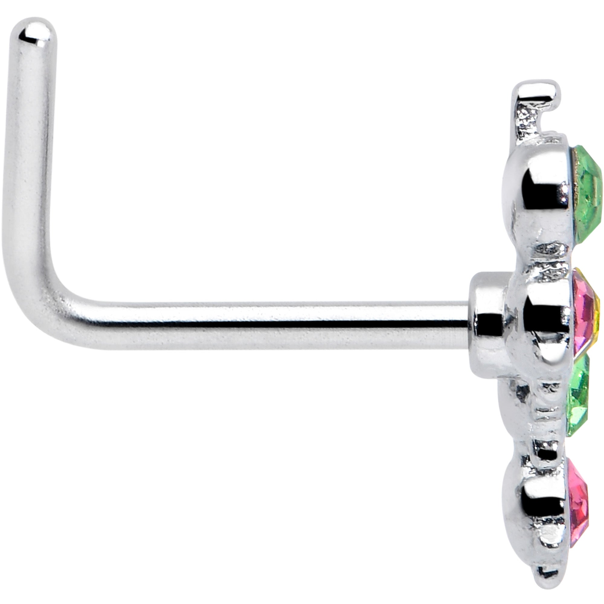 BodyCandy 20G 7mm Pink Green CZ Gem Caterpillar L Shape Nose Ring — side view