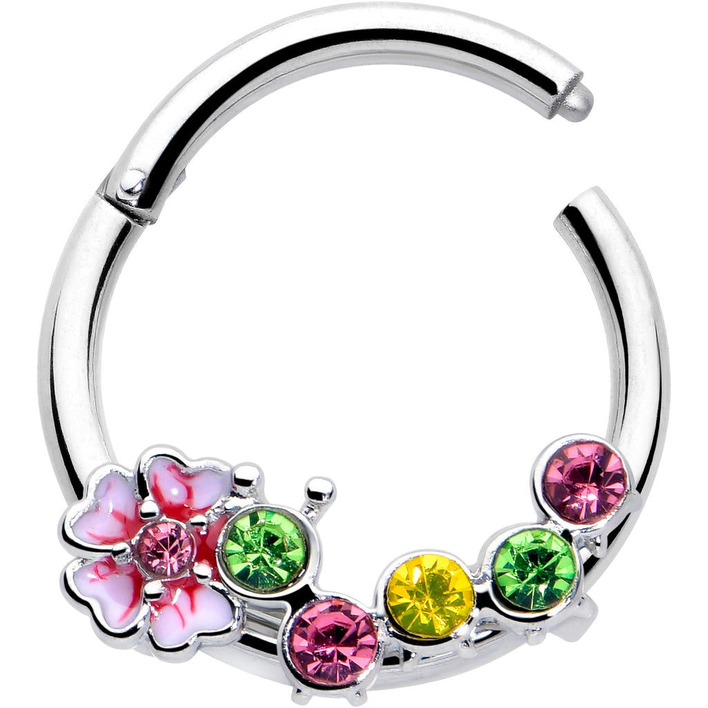 BodyCandy 16G 3/8 Green Pink CZ Gem Caterpillar Flower Hinged Segment Ring — detail close-up
