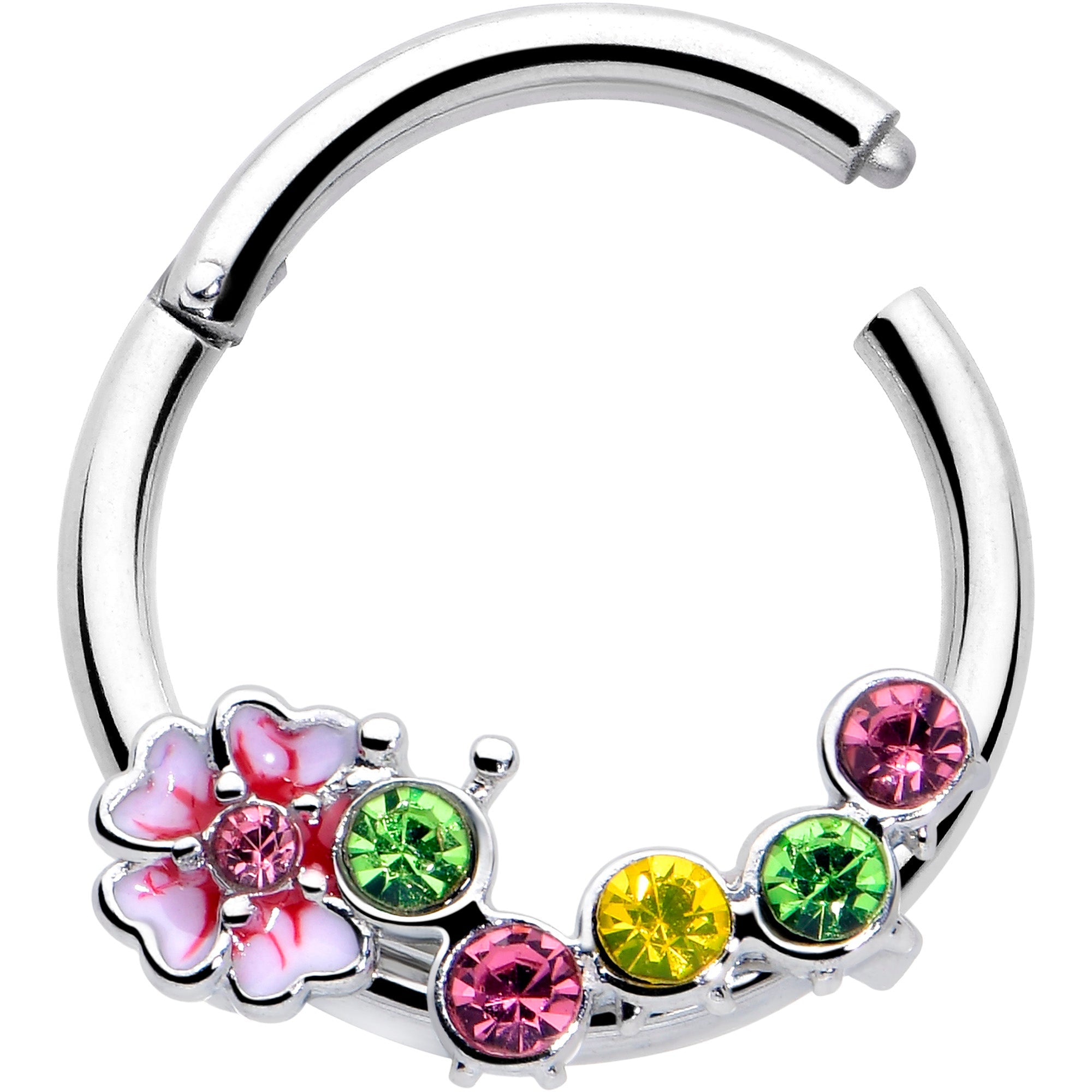 BodyCandy 16G 3/8 Green Pink CZ Gem Caterpillar Flower Hinged Segment Ring — detail close-up