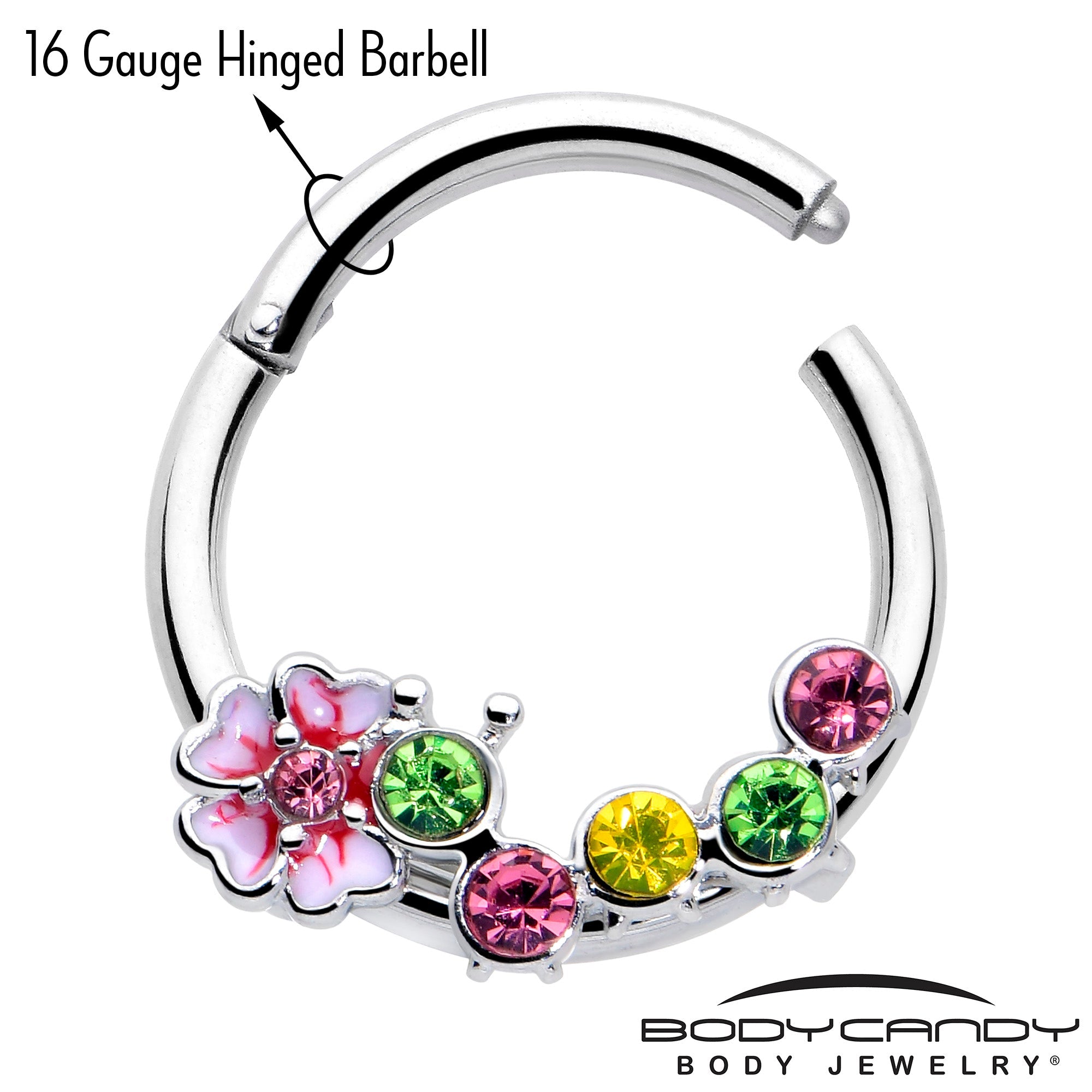 BodyCandy 16G 3/8 Green Pink CZ Gem Caterpillar Flower Hinged Segment Ring — lifestyle context