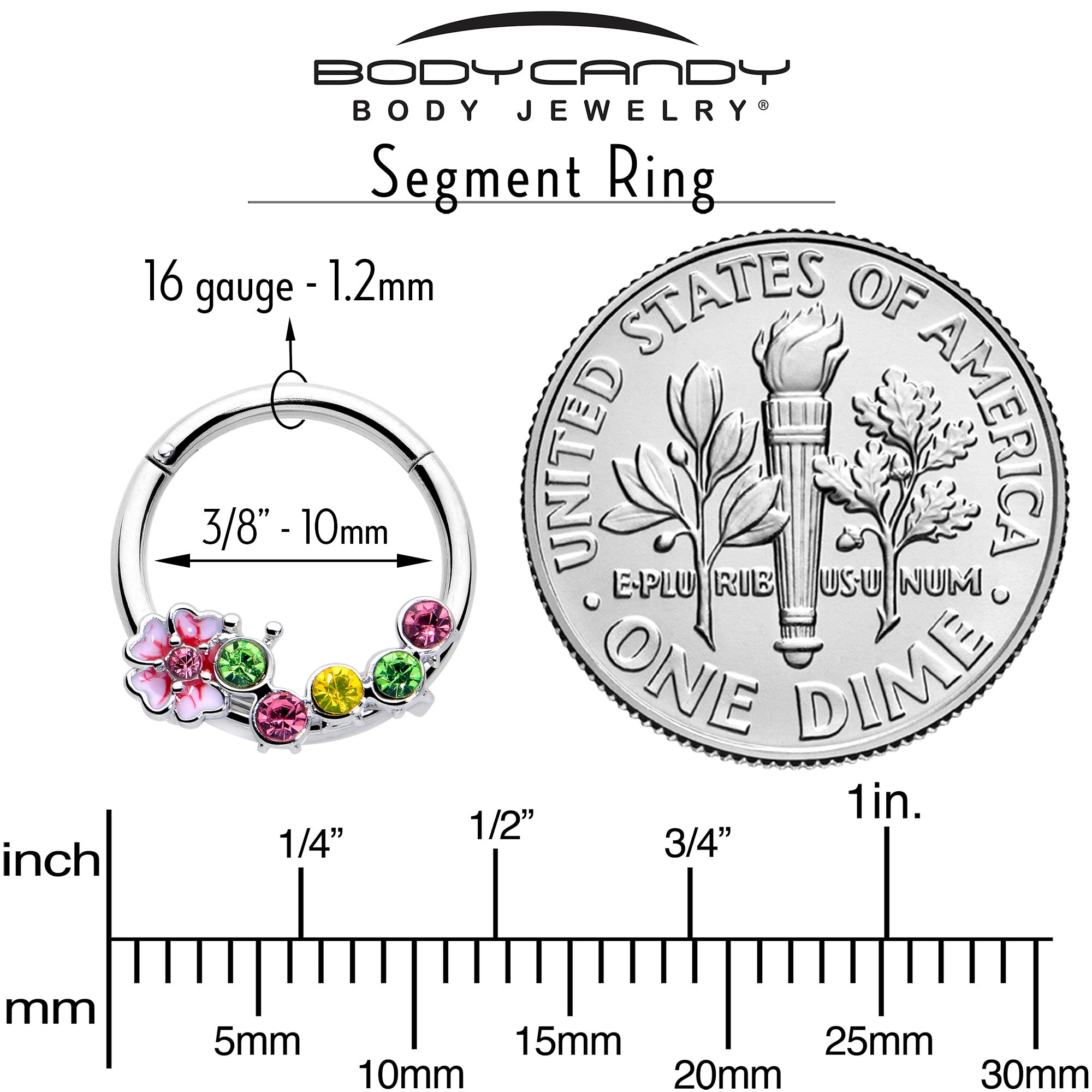 BodyCandy 16G 3/8 Green Pink CZ Gem Caterpillar Flower Hinged Segment Ring — side view