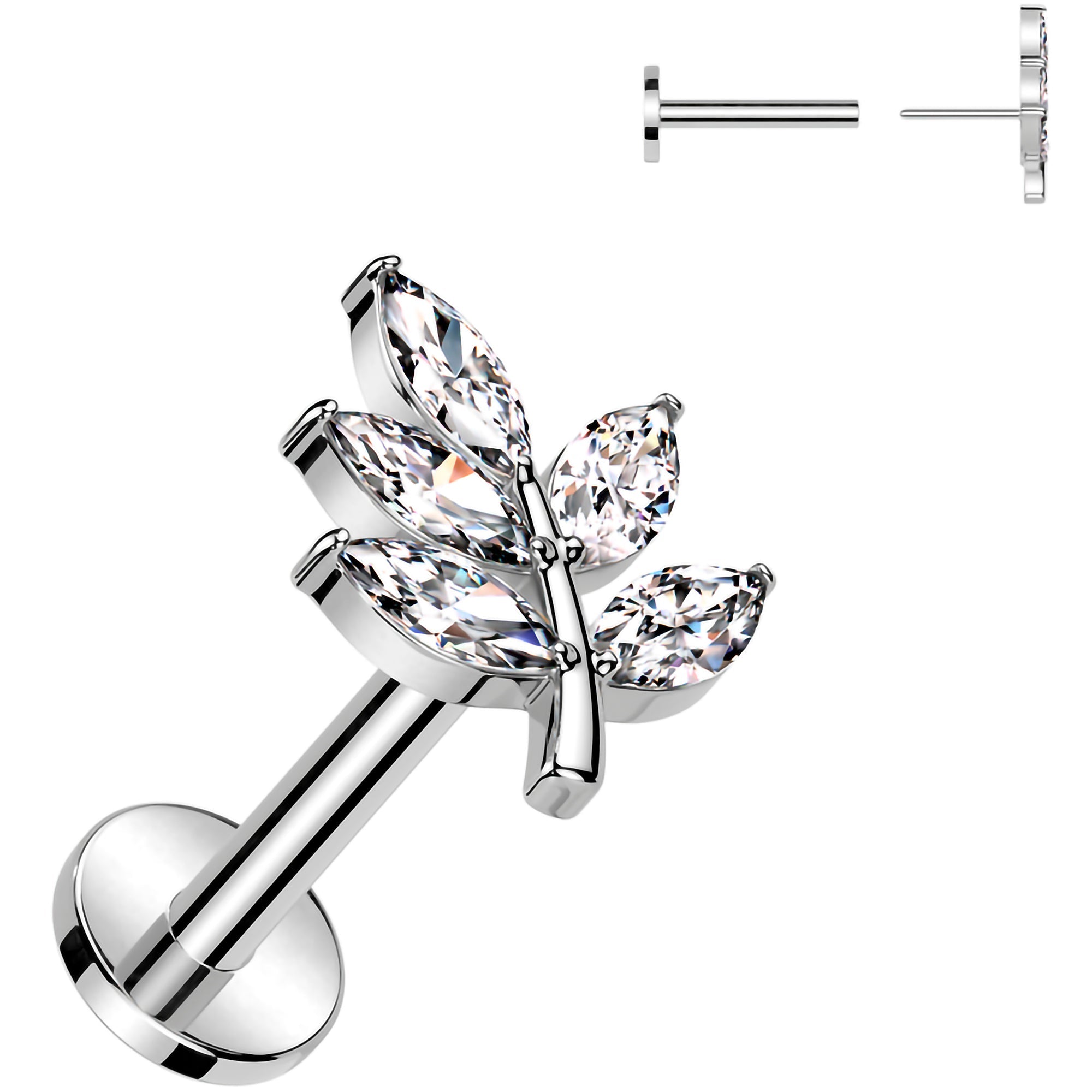 BodyCandy Surgical Steel Flat Back Earring - 18G With Cubic Zirconia Leaves — main product shot