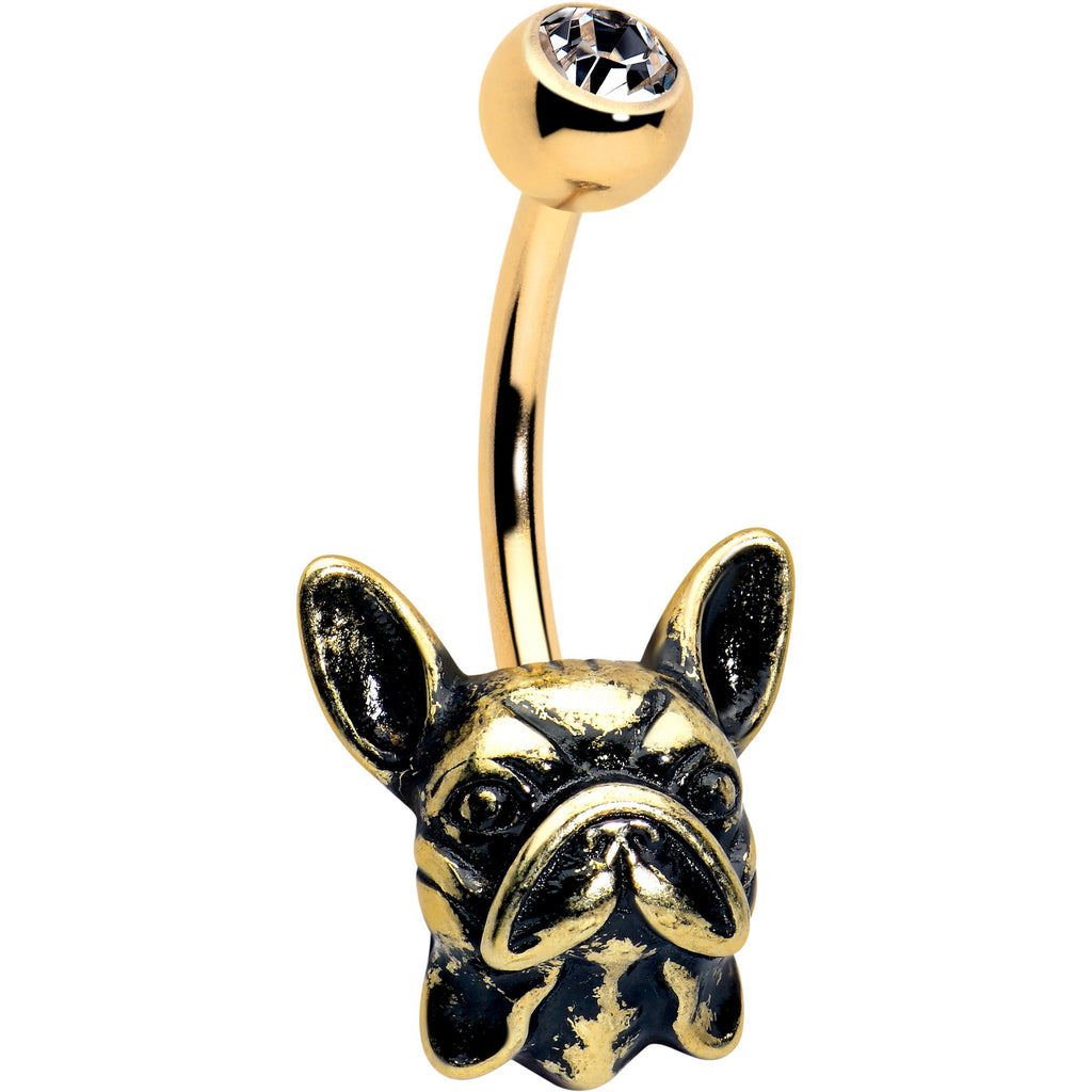 BodyCandy Clear CZ Gem Gold Tone Anodized French Bulldog Belly Ring — main product shot