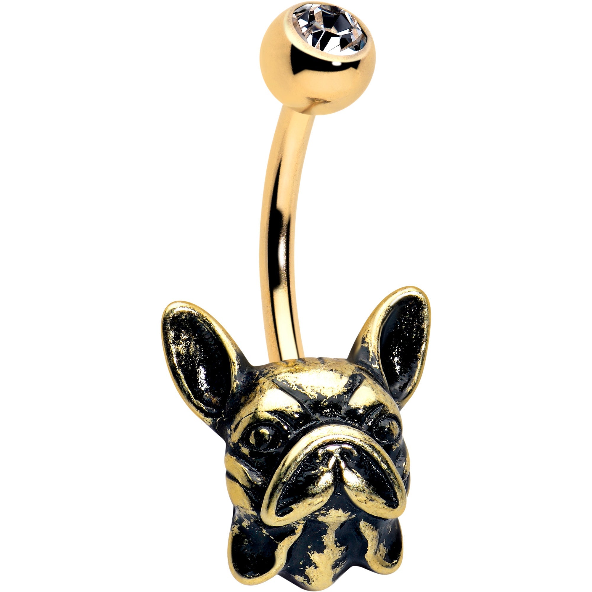 BodyCandy Clear CZ Gem Gold Tone Anodized French Bulldog Belly Ring — main product shot