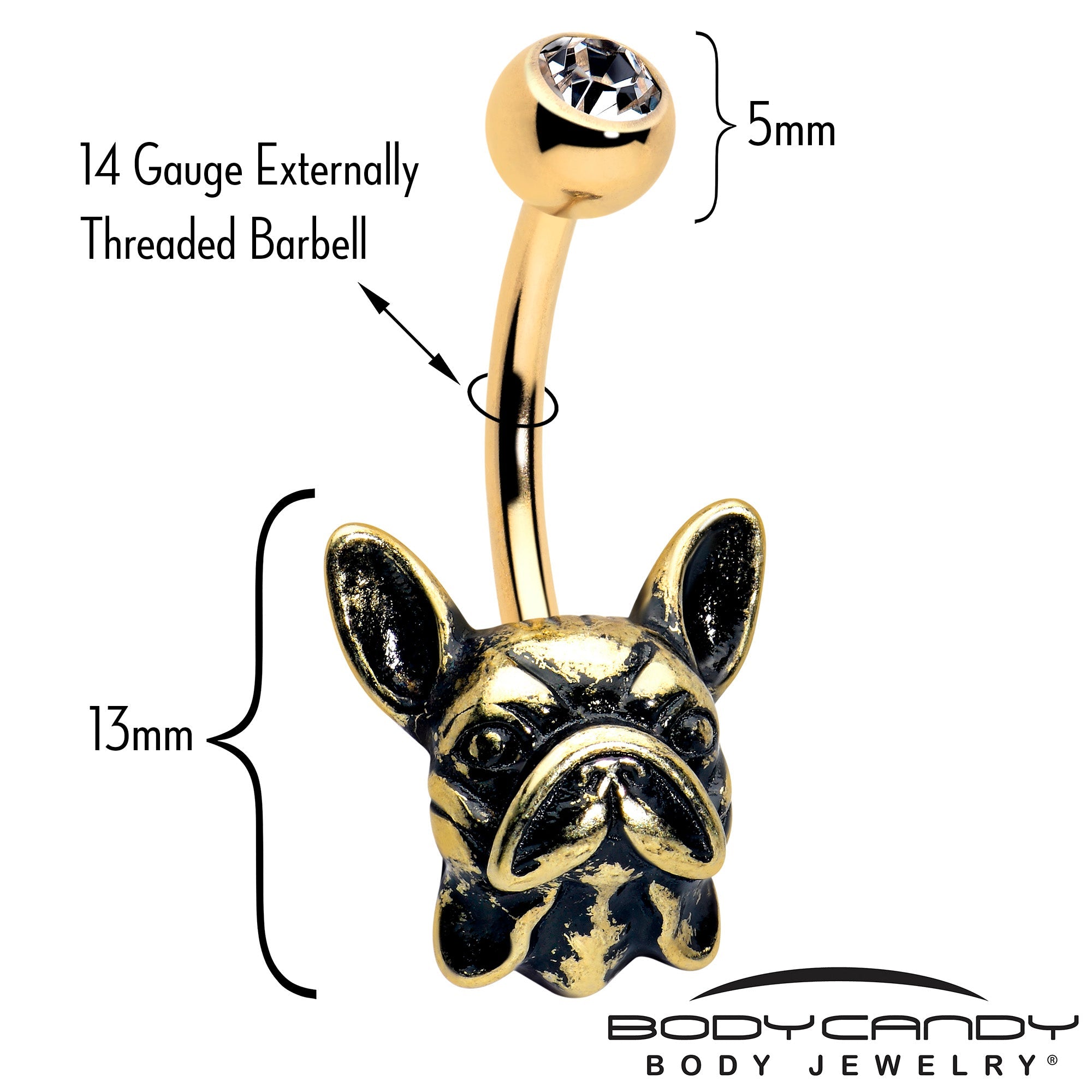 BodyCandy Clear CZ Gem Gold Tone Anodized French Bulldog Belly Ring — detail close-up