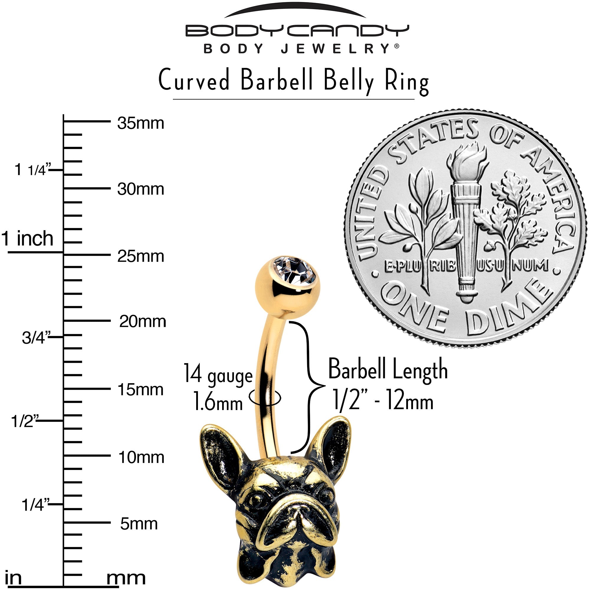 BodyCandy Clear CZ Gem Gold Tone Anodized French Bulldog Belly Ring — lifestyle context