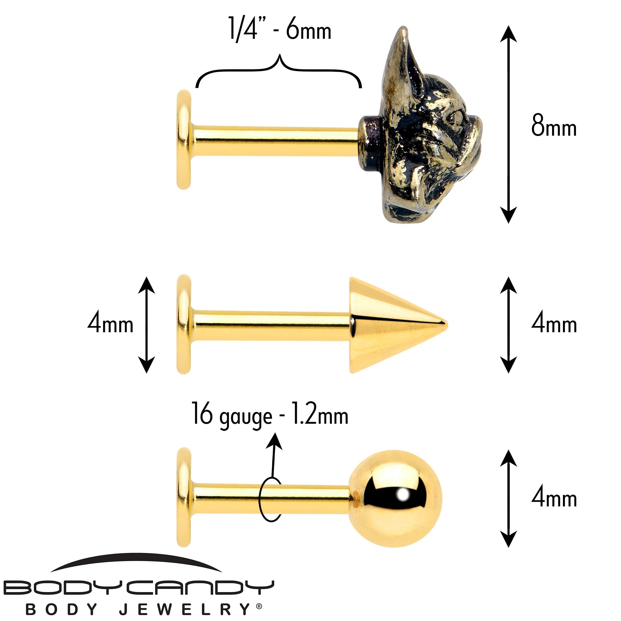 BodyCandy 16G French Bulldog Flat Back Earring Set Internally Threaded 3 Pack — detail close-up