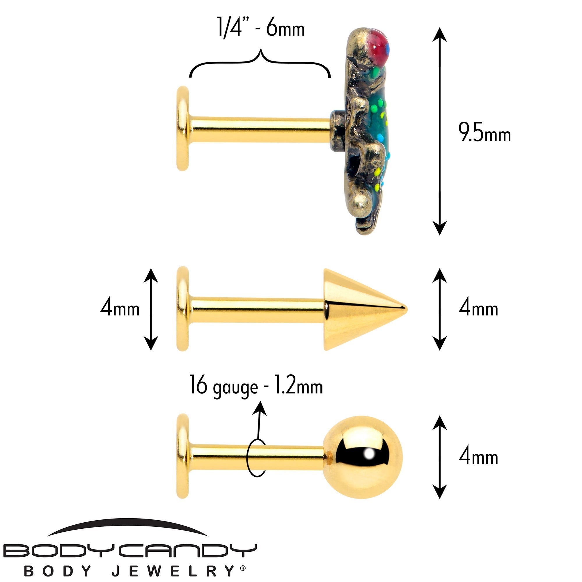 BodyCandy 16G Frog Flat Back Earring Set Internally Threaded 3 Pack — side view