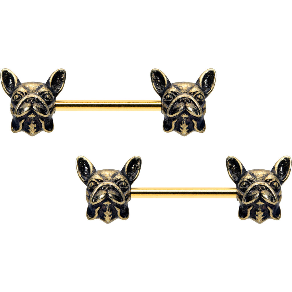 BodyCandy 14G 5/8 Gold Tone Anodized French Bulldog Barbell Nipple Ring Set — side view