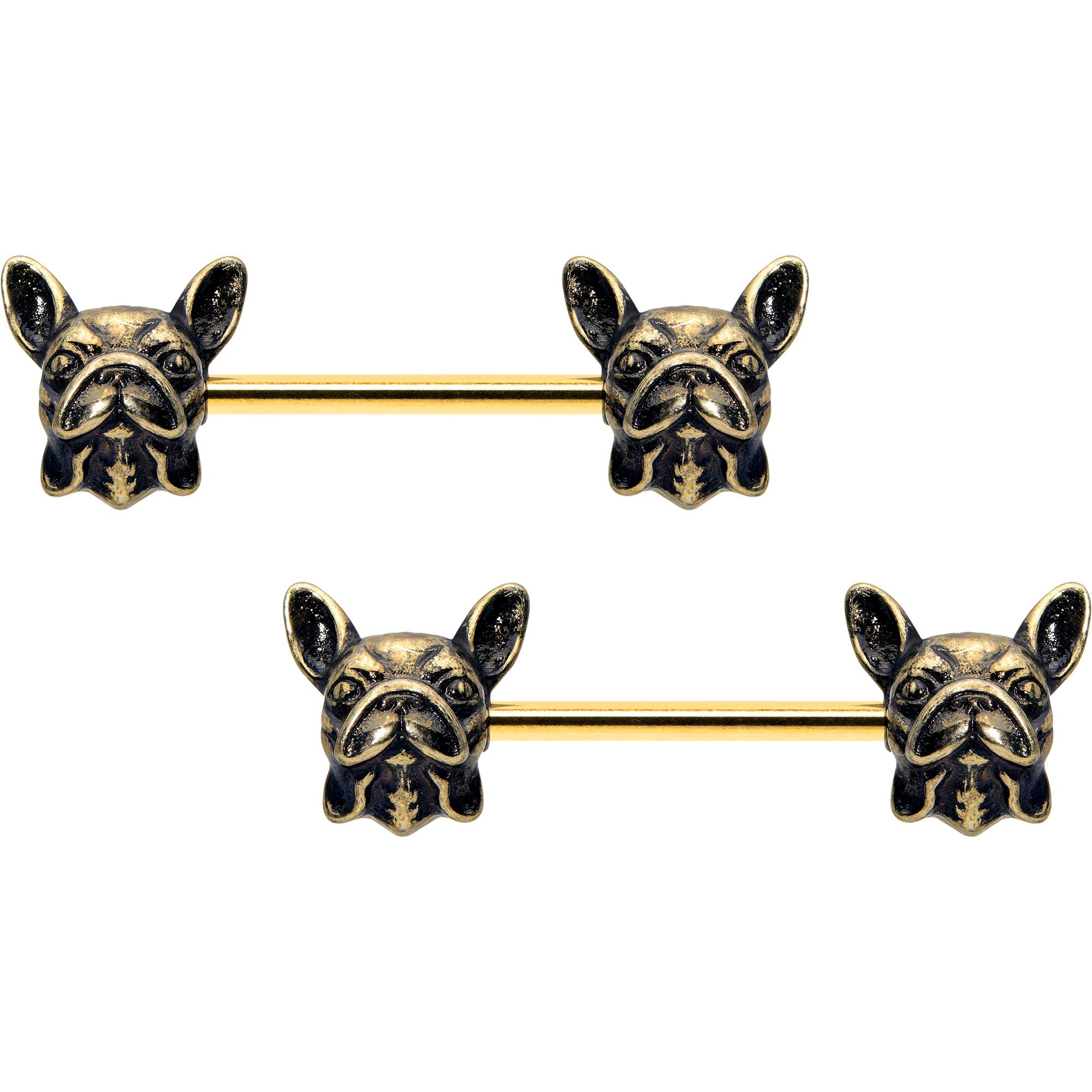 BodyCandy 14G 5/8 Gold Tone Anodized French Bulldog Barbell Nipple Ring Set — side view