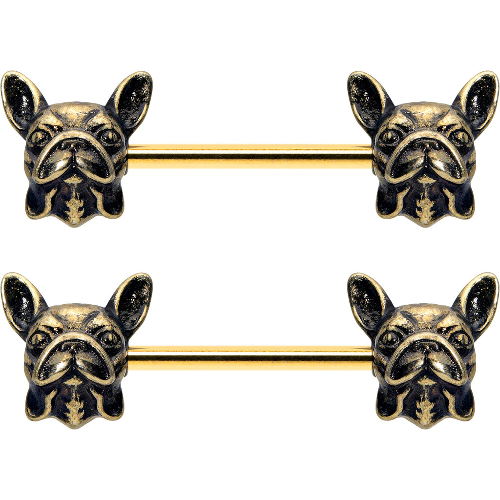 BodyCandy 14G 5/8 Gold Tone Anodized French Bulldog Barbell Nipple Ring Set — main product shot