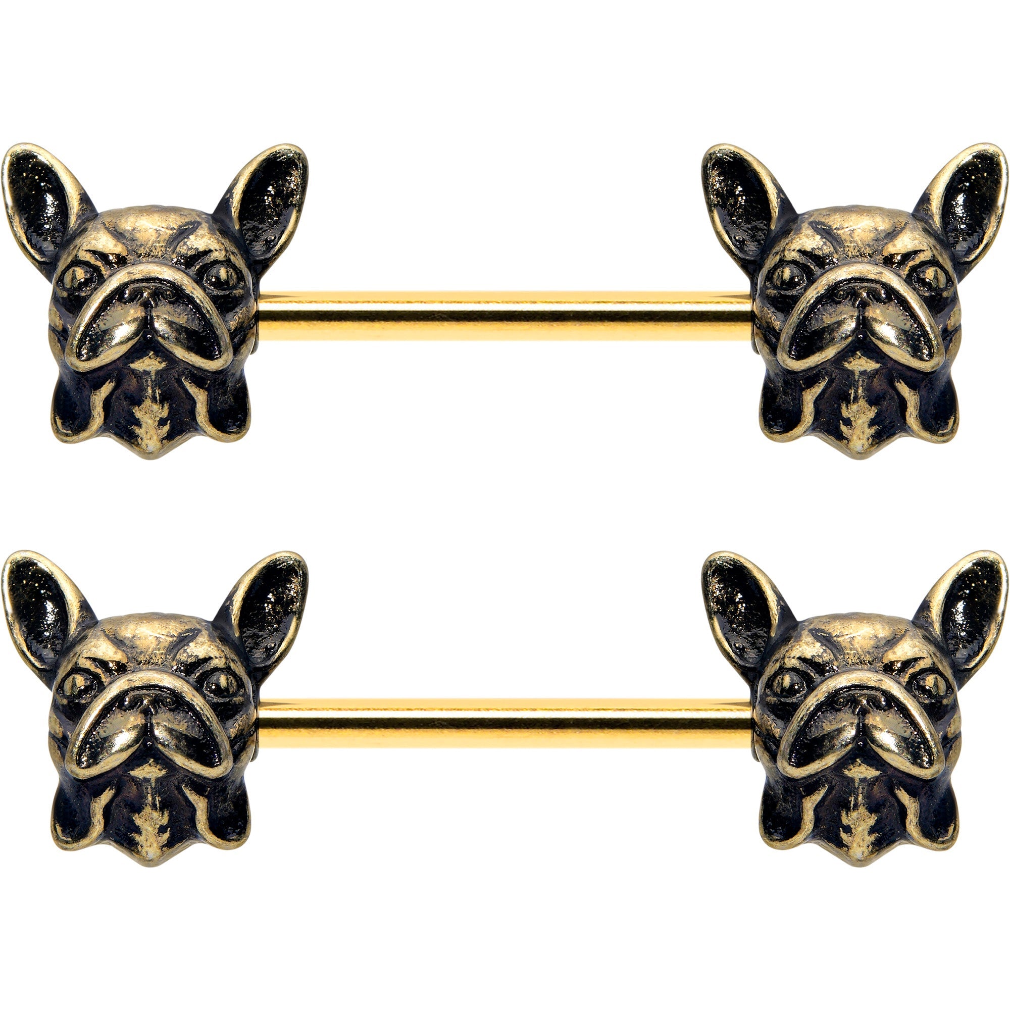 BodyCandy 14G 5/8 Gold Tone Anodized French Bulldog Barbell Nipple Ring Set — main product shot