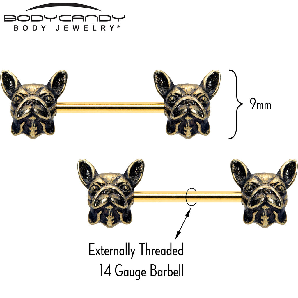 BodyCandy 14G 5/8 Gold Tone Anodized French Bulldog Barbell Nipple Ring Set — detail close-up