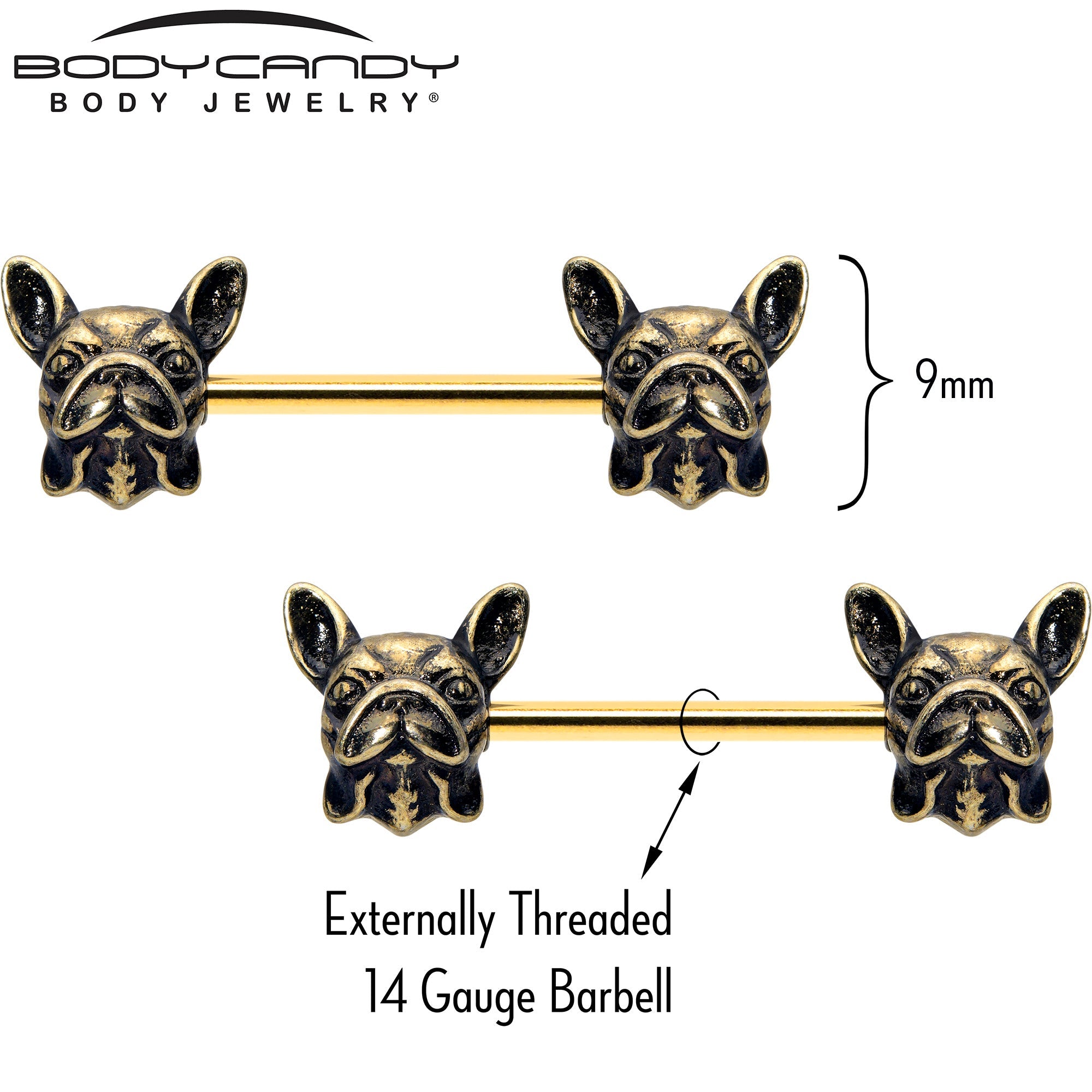 BodyCandy 14G 5/8 Gold Tone Anodized French Bulldog Barbell Nipple Ring Set — detail close-up