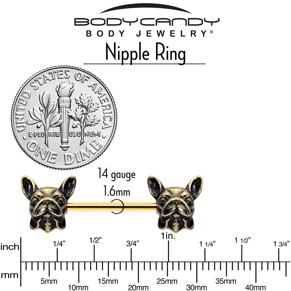 BodyCandy 14G 5/8 Gold Tone Anodized French Bulldog Barbell Nipple Ring Set — lifestyle context