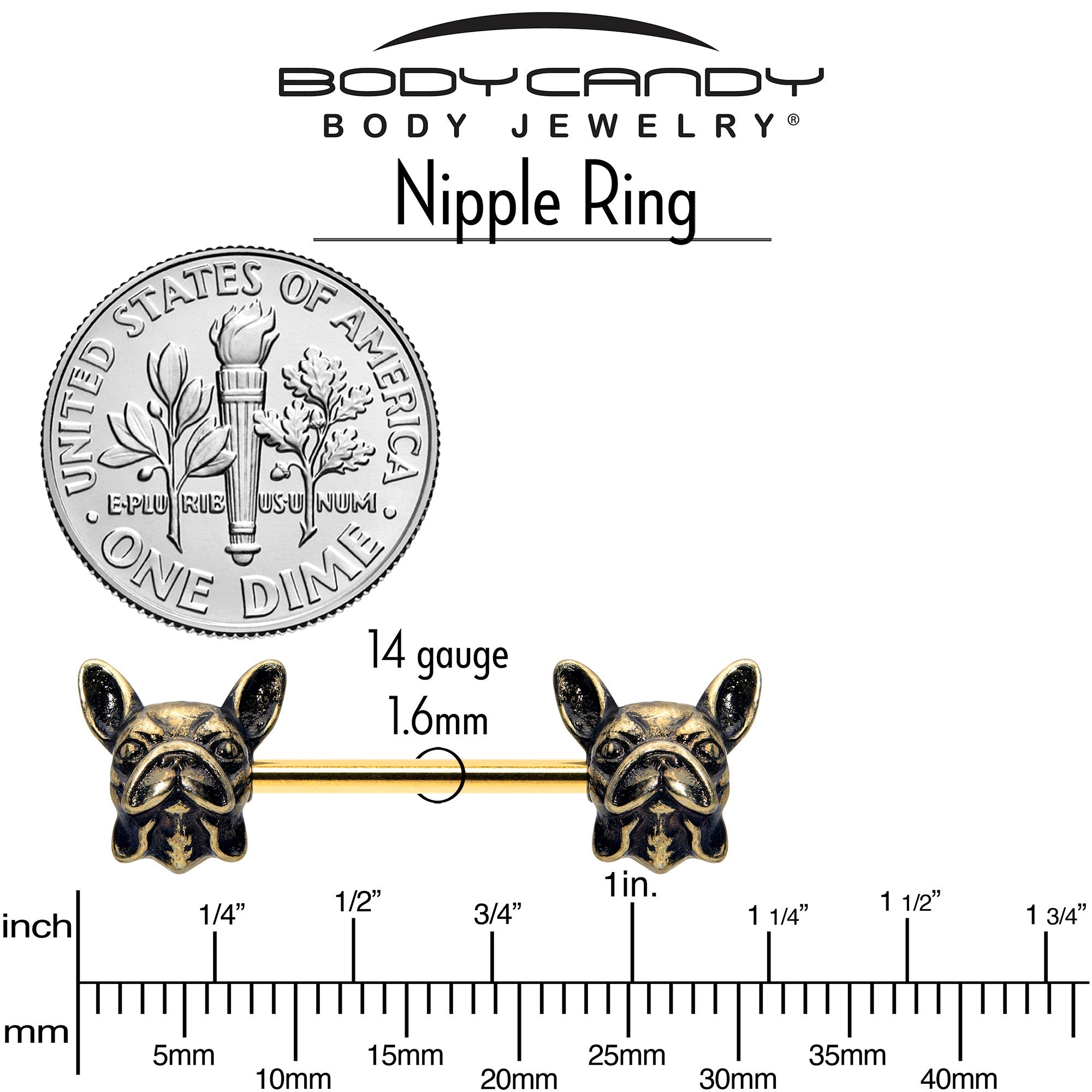 BodyCandy 14G 5/8 Gold Tone Anodized French Bulldog Barbell Nipple Ring Set — lifestyle context