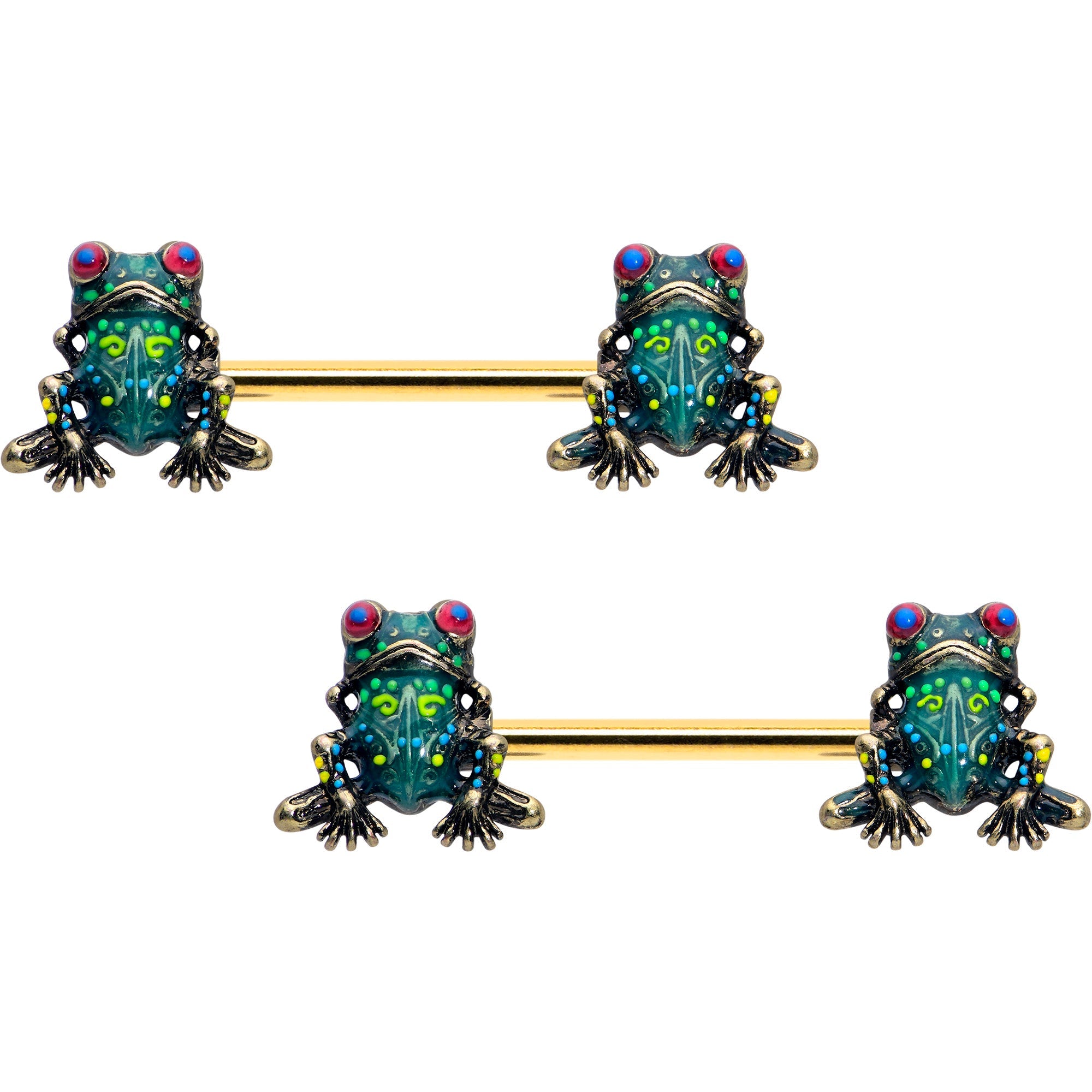 BodyCandy 14G 5/8 Gold Tone Anodized Colorful Tree Frog Nipple Ring Set — side view