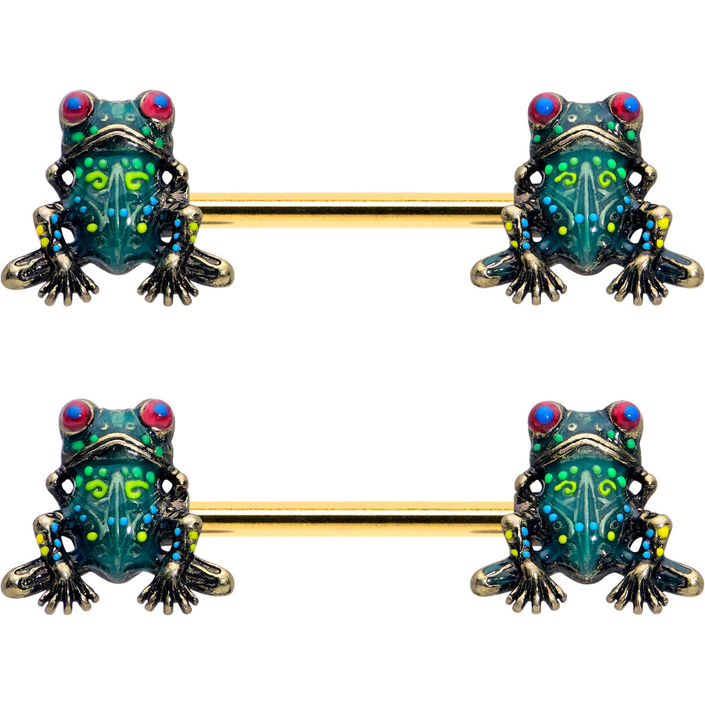 BodyCandy 14G 5/8 Gold Tone Anodized Colorful Tree Frog Nipple Ring Set — main product shot