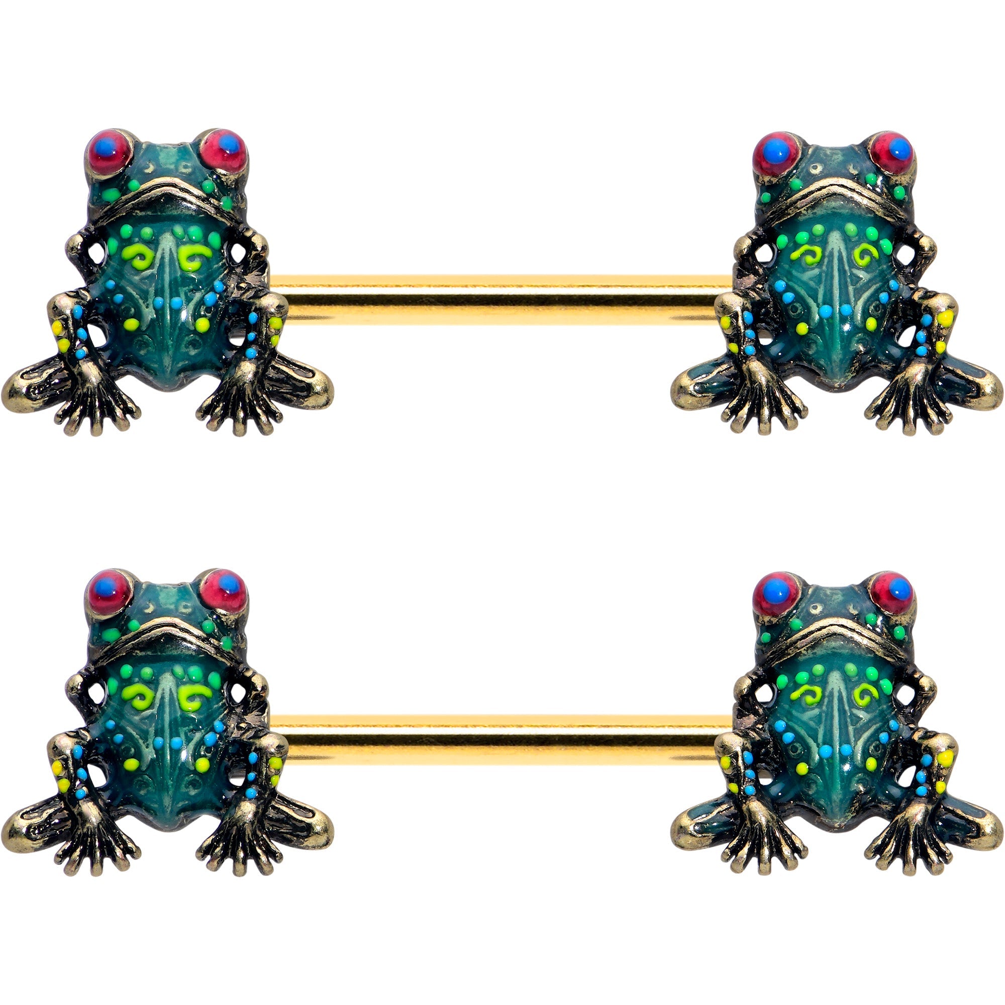 BodyCandy 14G 5/8 Gold Tone Anodized Colorful Tree Frog Nipple Ring Set — main product shot