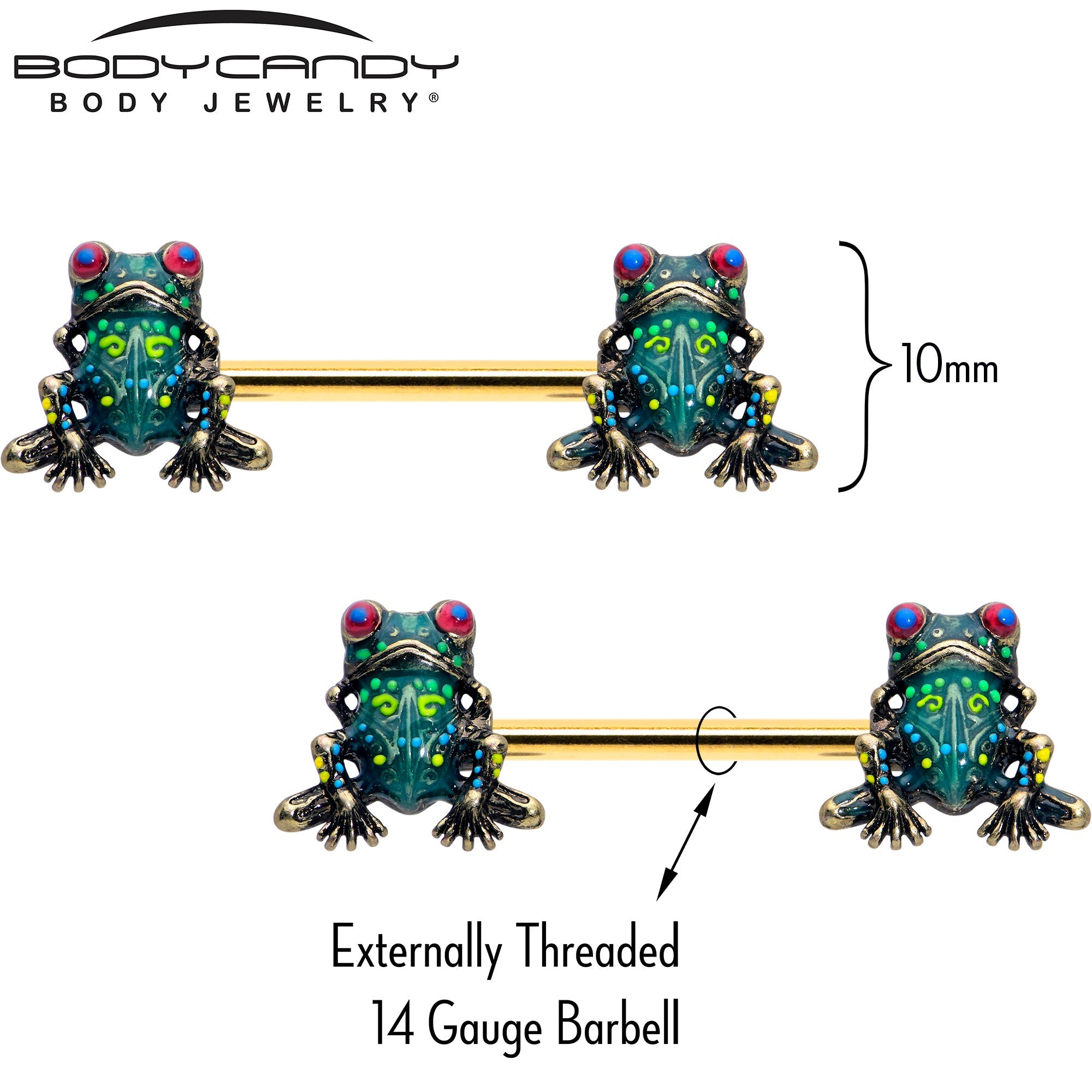 BodyCandy 14G 5/8 Gold Tone Anodized Colorful Tree Frog Nipple Ring Set — detail close-up