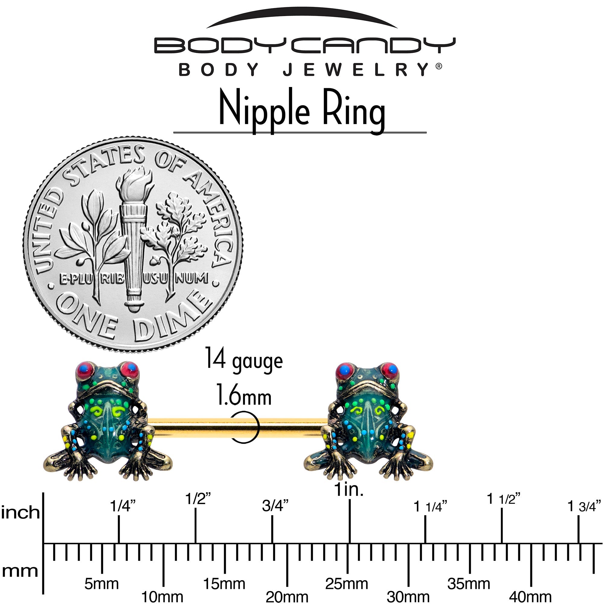 BodyCandy 14G 5/8 Gold Tone Anodized Colorful Tree Frog Nipple Ring Set — lifestyle context