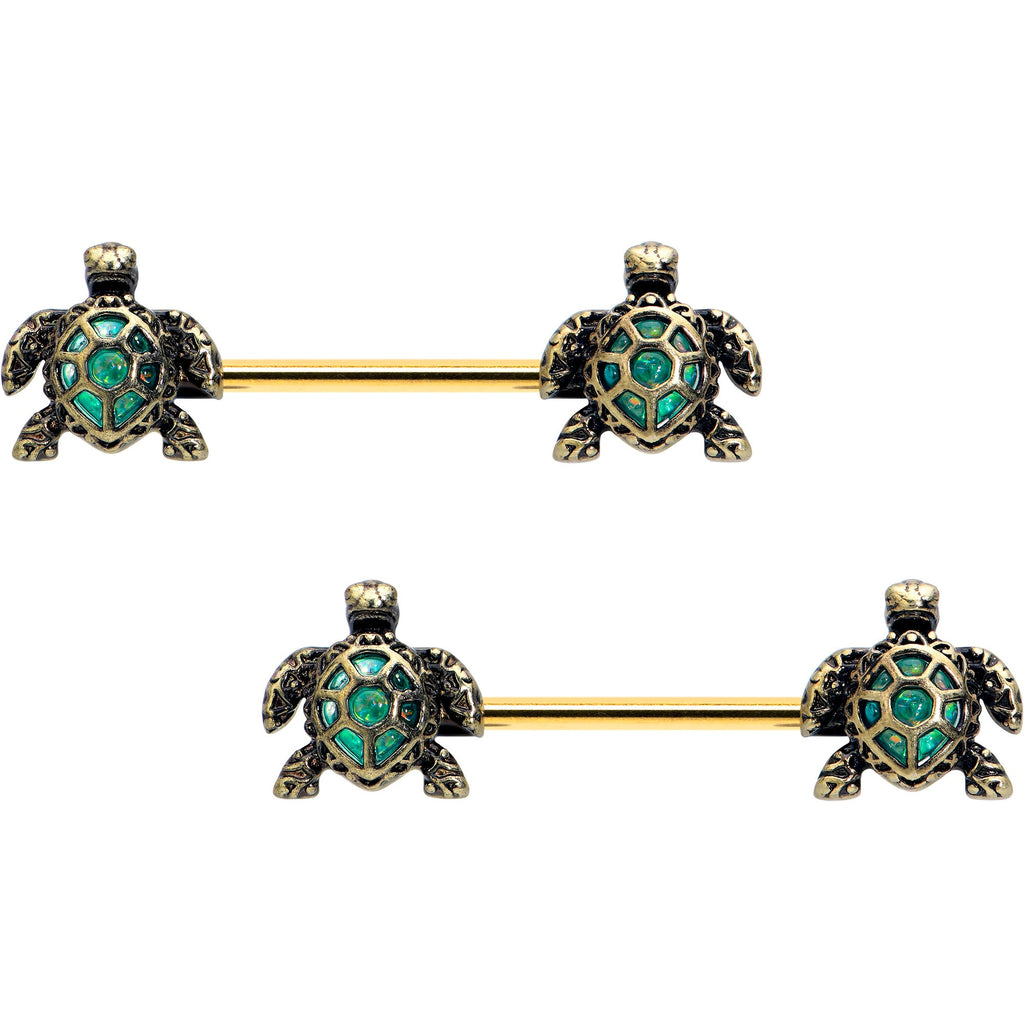 BodyCandy 14G 5/8 Gold Tone Anodized Sea Turtle Style Barbell Nipple Ring Set — side view