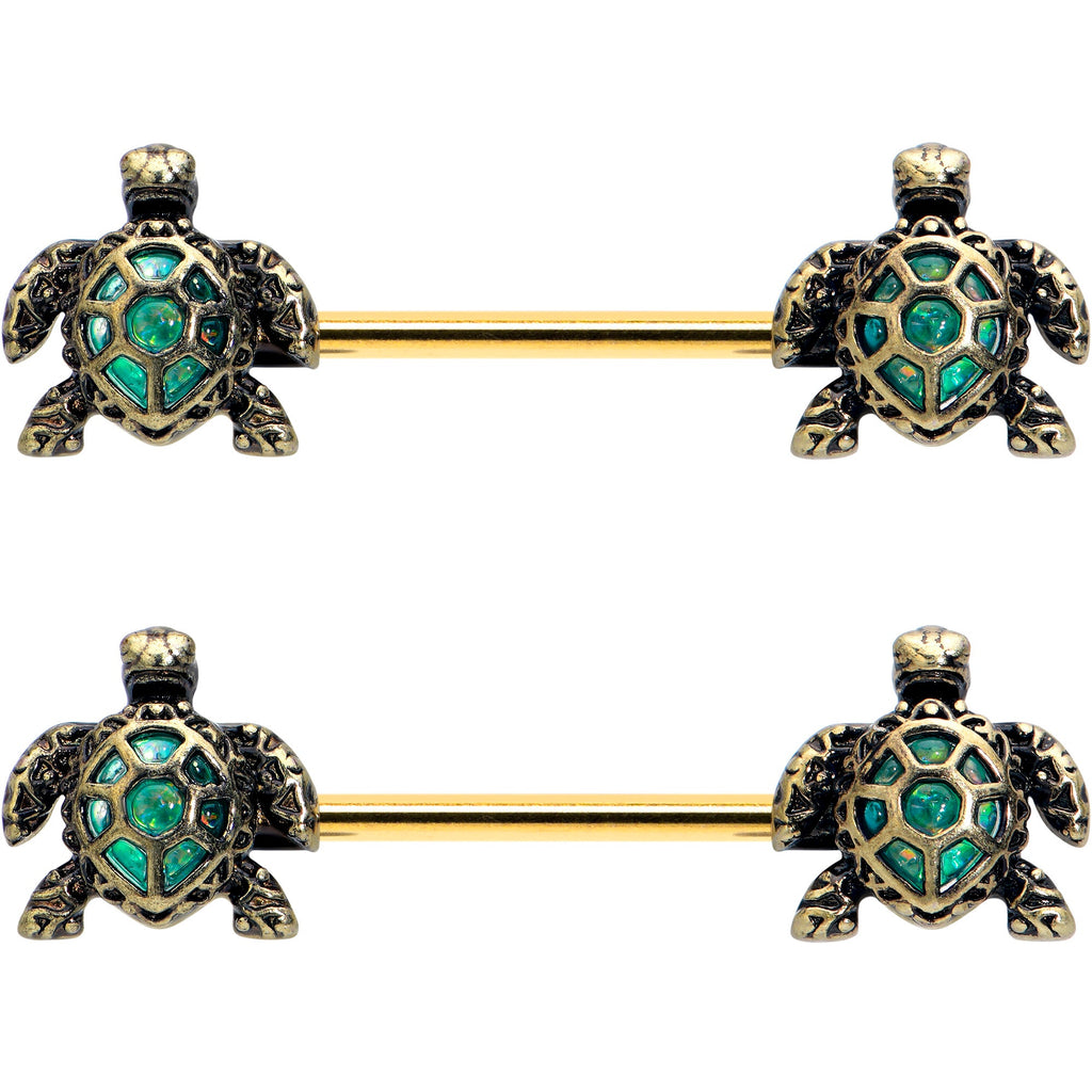 BodyCandy 14G 5/8 Gold Tone Anodized Sea Turtle Style Barbell Nipple Ring Set — main product shot
