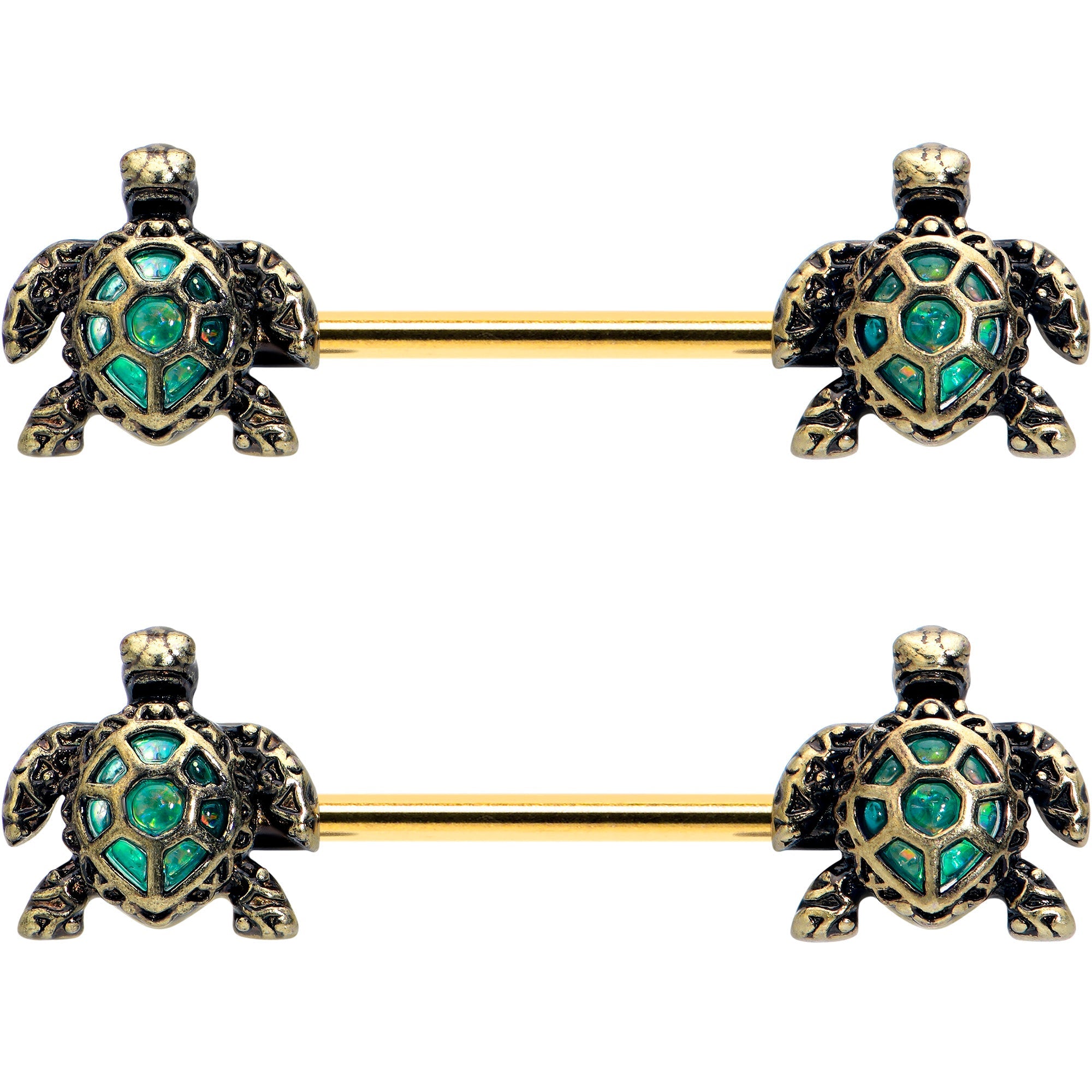 BodyCandy 14G 5/8 Gold Tone Anodized Sea Turtle Style Barbell Nipple Ring Set — main product shot