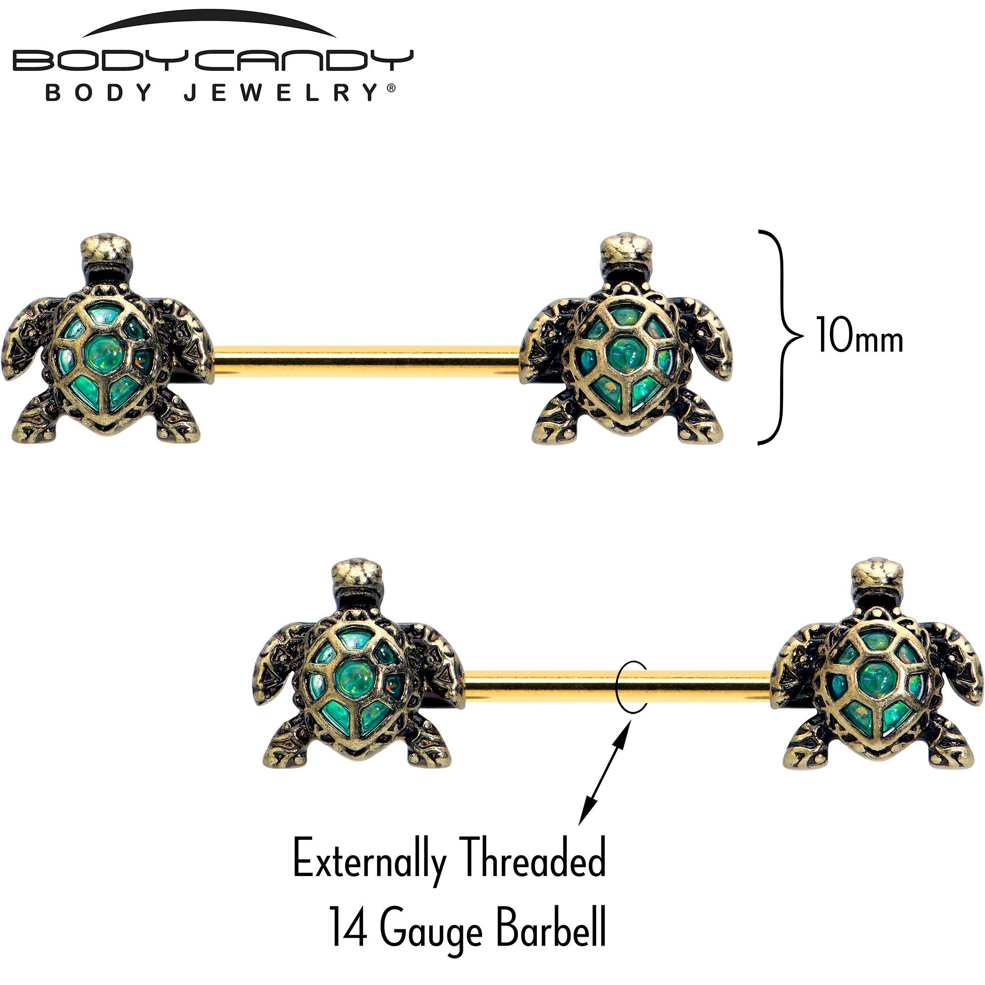 BodyCandy 14G 5/8 Gold Tone Anodized Sea Turtle Style Barbell Nipple Ring Set — detail close-up