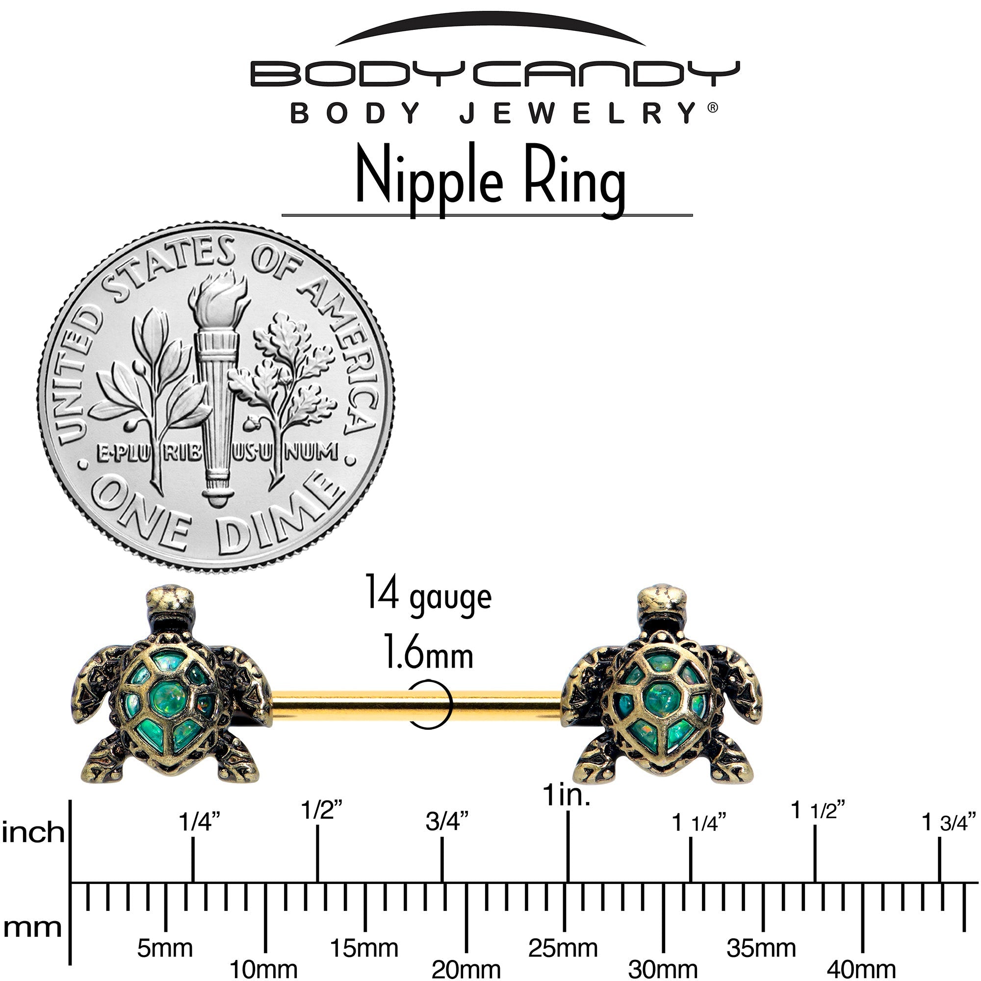 BodyCandy 14G 5/8 Gold Tone Anodized Sea Turtle Style Barbell Nipple Ring Set — lifestyle context