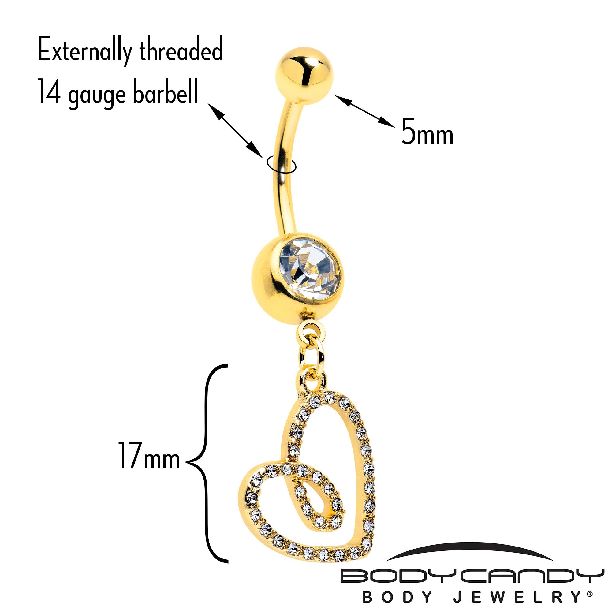 BodyCandy Clear CZ Gem Gold Tone Anodized Loopy Heart Dangle Belly Ring — detail close-up