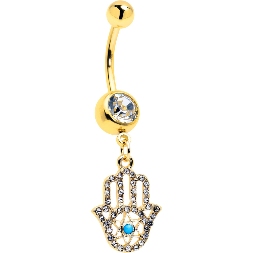 BodyCandy Clear CZ Gem Gold Tone Anodized Hamsa Hand Star Dangle Belly Ring — main product shot